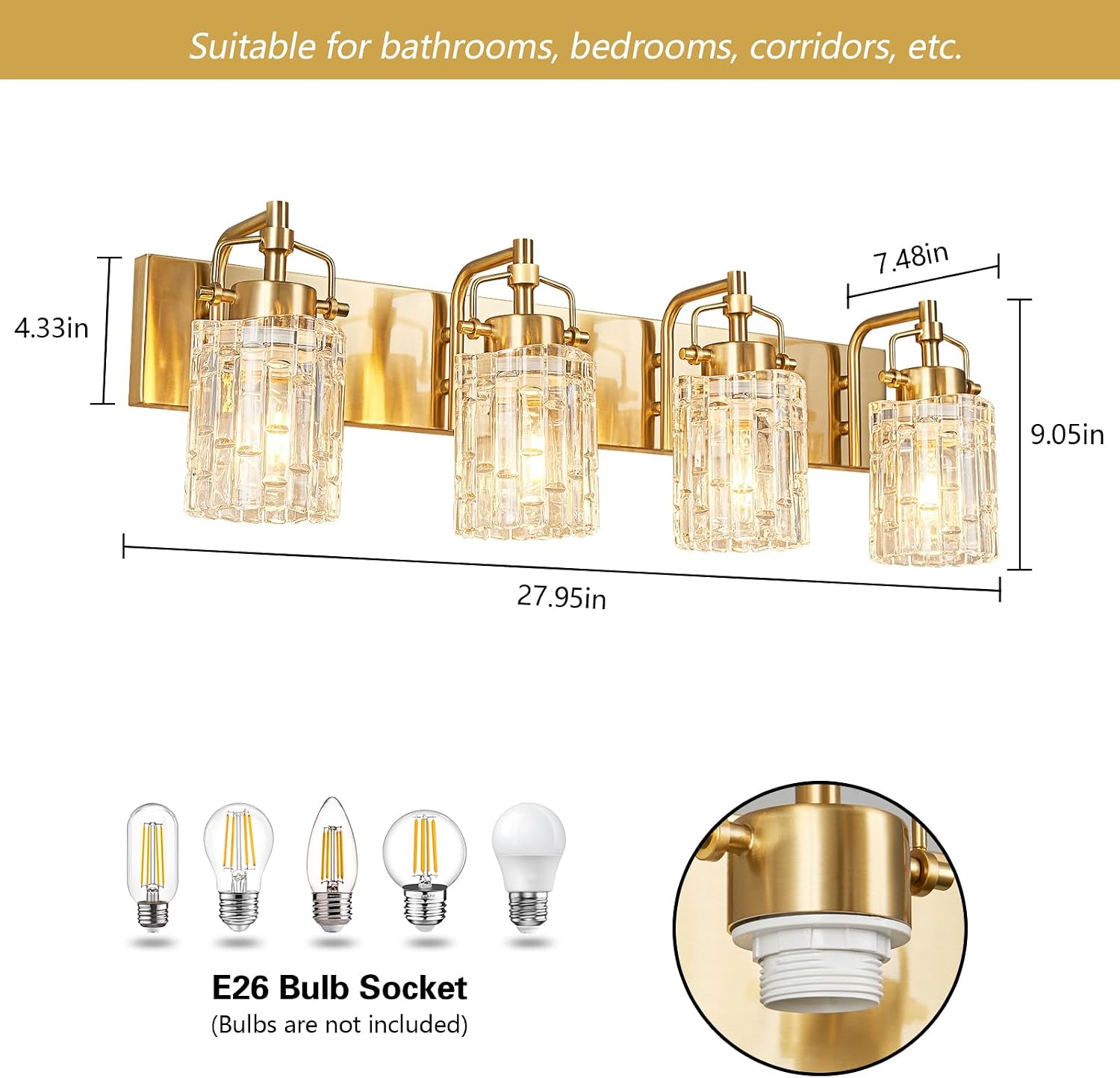 4 Light Crystal Glass Vanity Light, Gold Bathroom Lighting Fixtures Over Mirror Modern Bath Wall Sconce Lighting for Bedroom Living Room