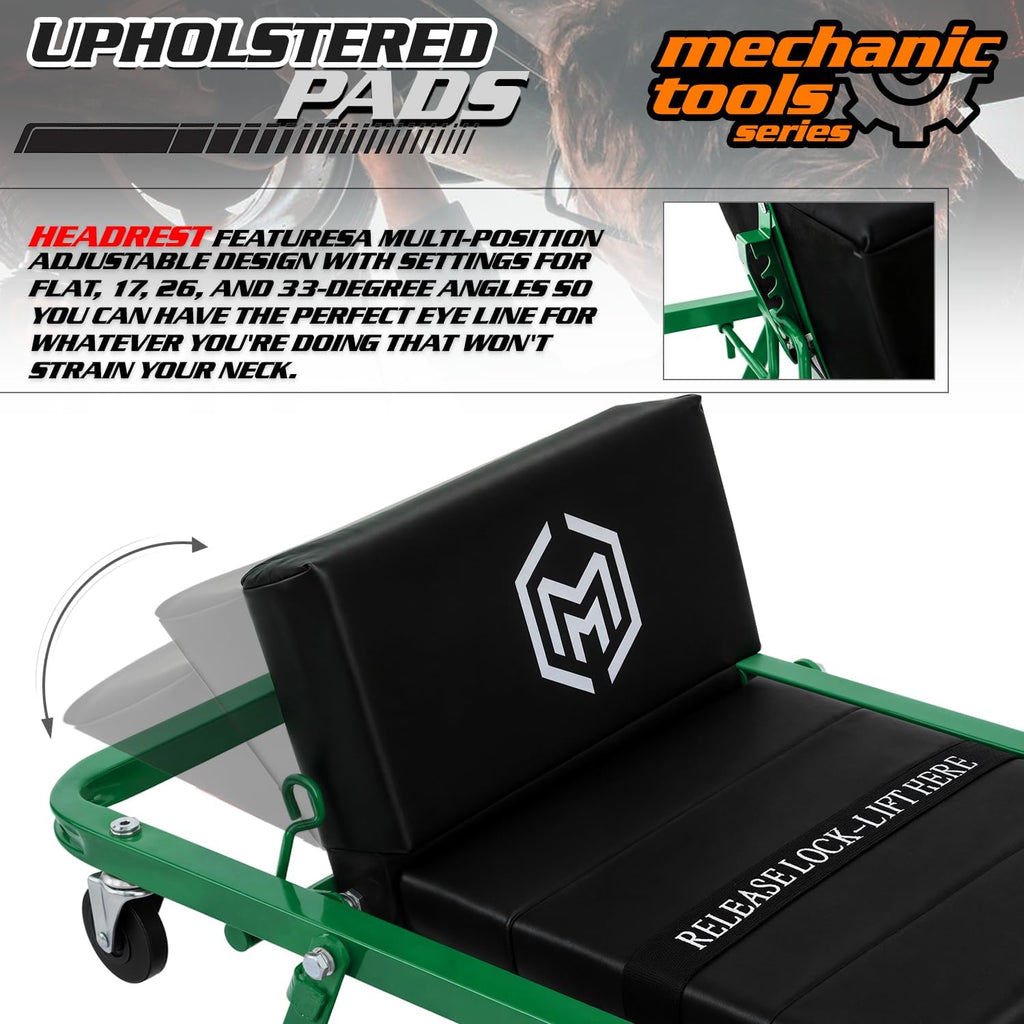 M-AUTO Heavy-Duty Convertible Mechanic Creeper, 48' Padded Adjustable Headrest Roller Garage Chair with 7 Swivel Casters for Washing, Detailing, Maintenance, Green