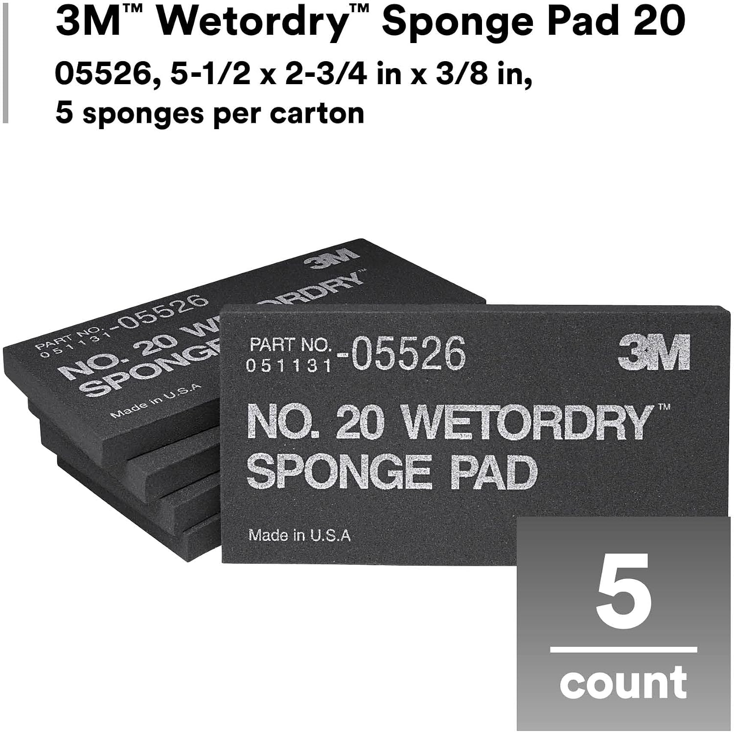 3M Wetordry Sponge Pad 20, 05526, 5-1/2 in x 2-3/4 in x 3/8 in, 5 Pack, Flexible, Long Lasting