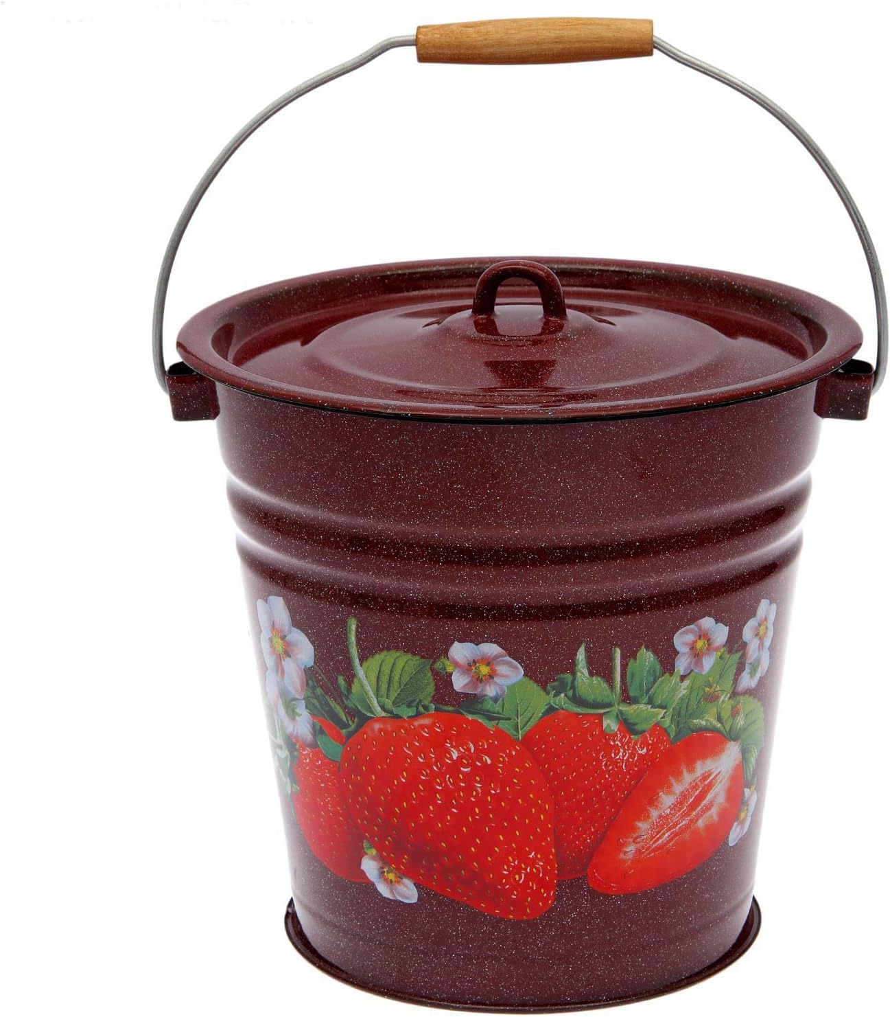 Enamel on Stainless Steel Bucket with Lid ''Strawberry'' 12.7 Qt / 12 L, Red Vintage Enameled Large Metal Ice Water Pail Bucket with Lid, Old Fashion Enamelware Outdoor Ice Bucket with Handle