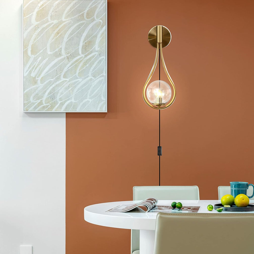 BOKT Set of 2 Plug in Modern Gold Wall Sconces Mid Century Clear Globe Wall Lamps Simple Creative Living Room Wall Light Fixtures for Bedroom, Corridor, Mirror Front