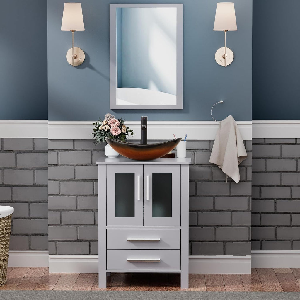 UEV 24' Grey Bathroom Vanity with Vessel Sink,Modern Bathroom Vanity Cabinet, Faucet Sink Bowl,Pop Up Drain Included,Modern Brown Boat Tempered Glass Vessel Sink,Mirror Not Included (029BR)