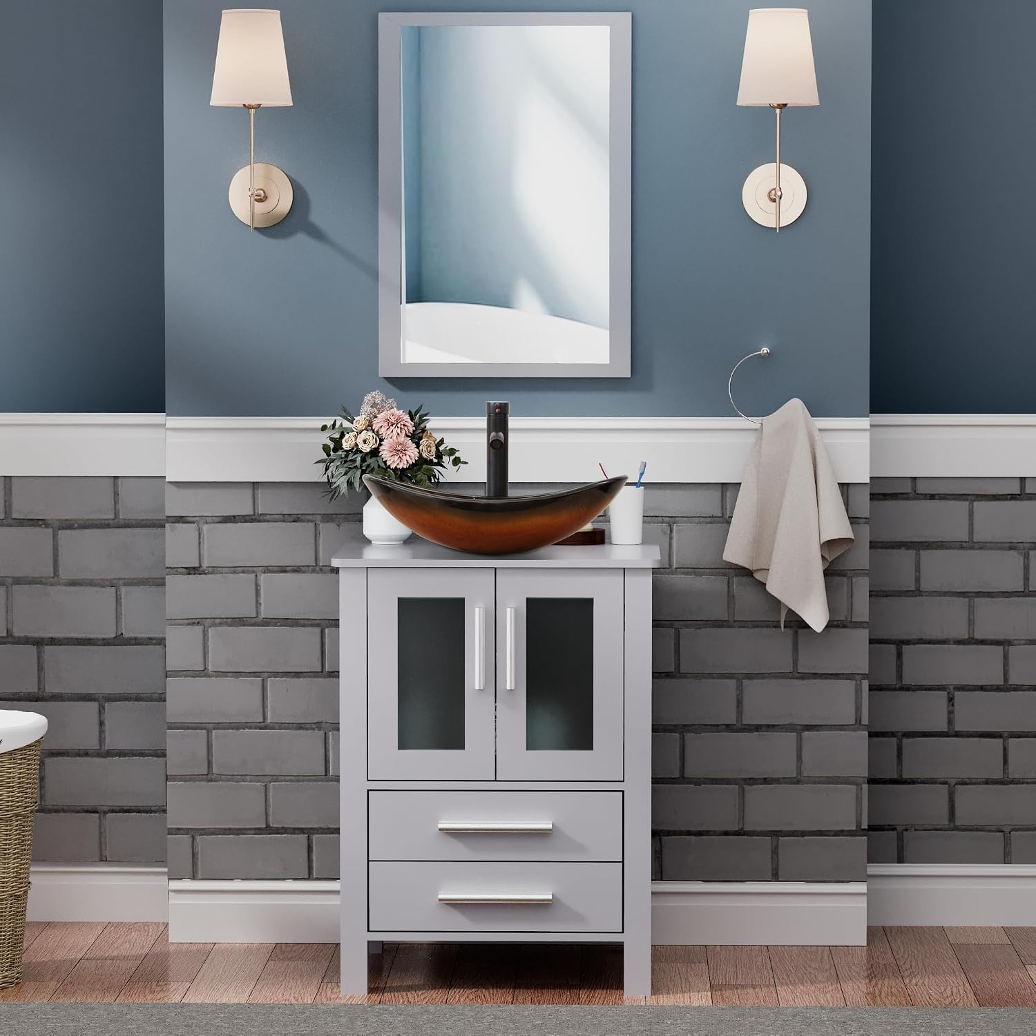 UEV 24' Grey Bathroom Vanity with Vessel Sink,Modern Bathroom Vanity Cabinet, Faucet Sink Bowl,Pop Up Drain Included,Modern Brown Boat Tempered Glass Vessel Sink,Mirror Not Included (029BR)