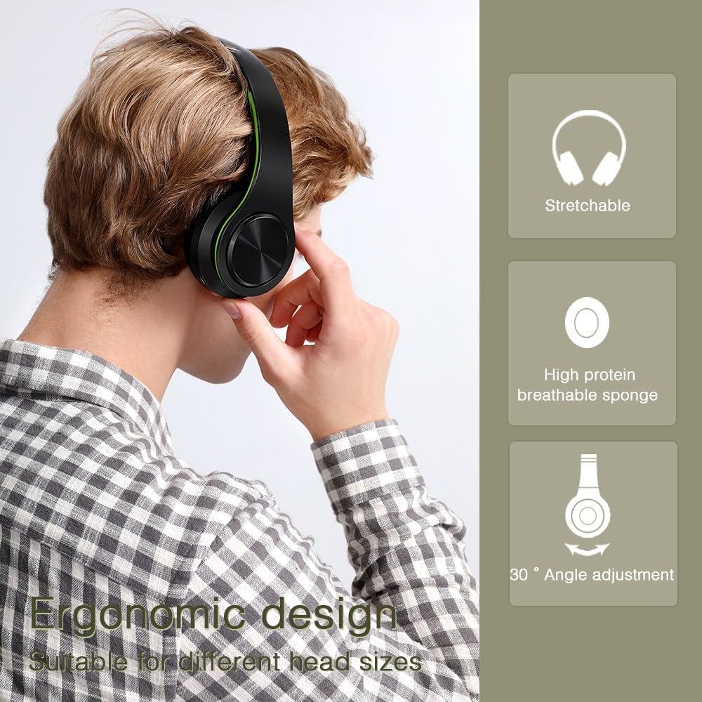 Bluetooth Headphones, Chat- Comfortable Over Ear Stereo Headphsets with Mic, Soft Earmuffs/Foldable/SD/TF, 20H Playtime, Great for Music/OFC/Tour/Gym/Game (10 pcs Green Colors)
