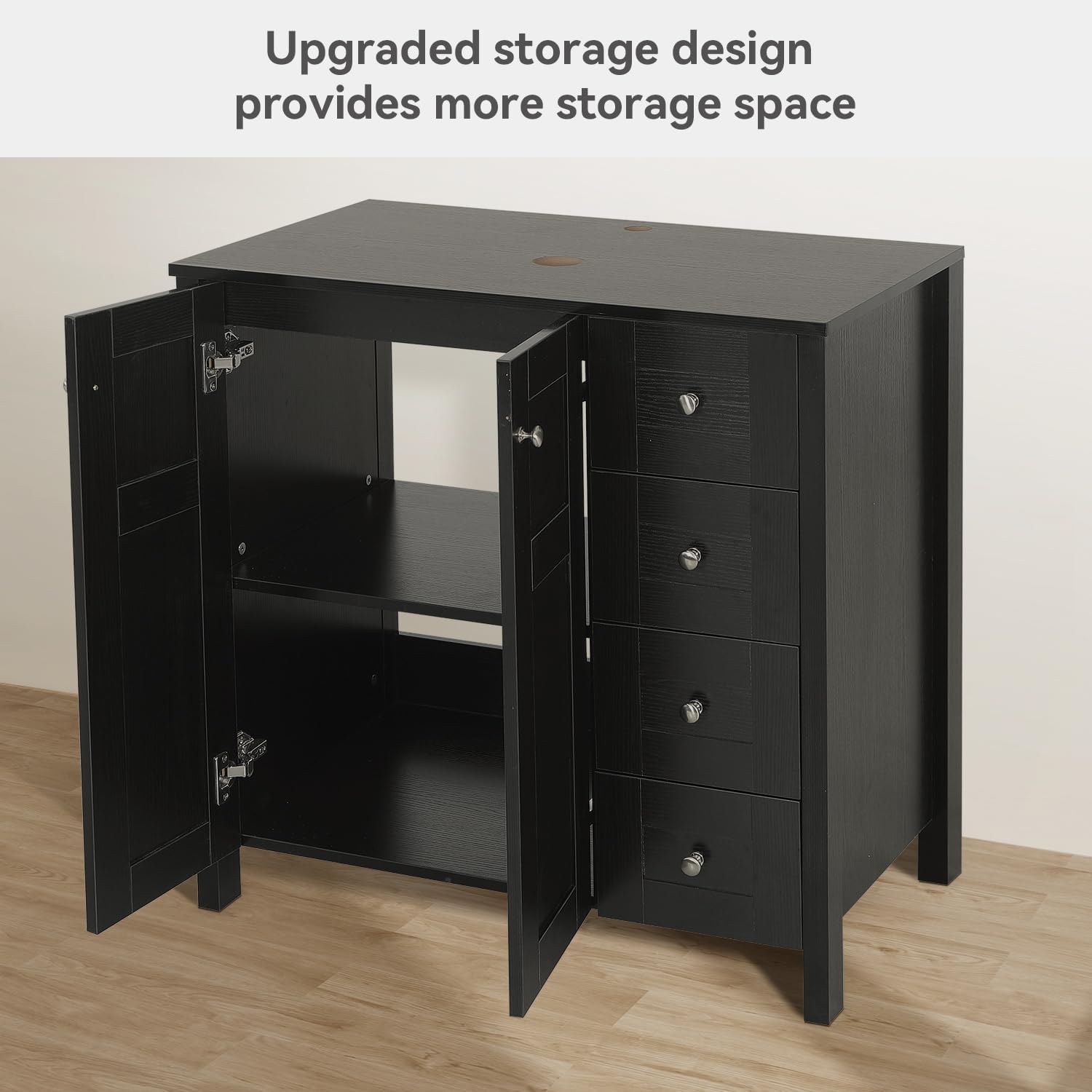 32 Inch Bathroom Vanity with Sink, Traditional Freestanding Black Bathroom Vanity Cabinet with Four Drawers, Pedestal Cabinet with Square Black Ceramic Sink