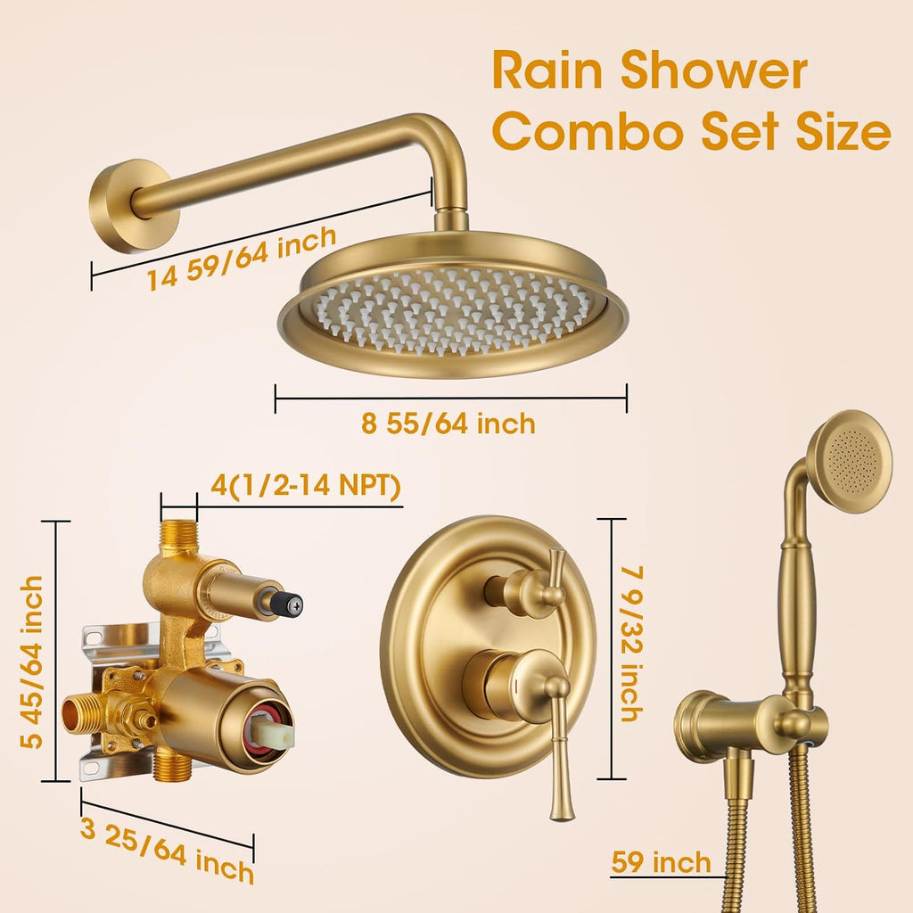 Rainfall Shower Head with Handheld Combo, Brushed Gold Shower System with Balance Pressure Valve, 9 inch Shower Head and Faucet Set, Rain Shower Head with Handheld Spray Wall Mount(B2312-BG)