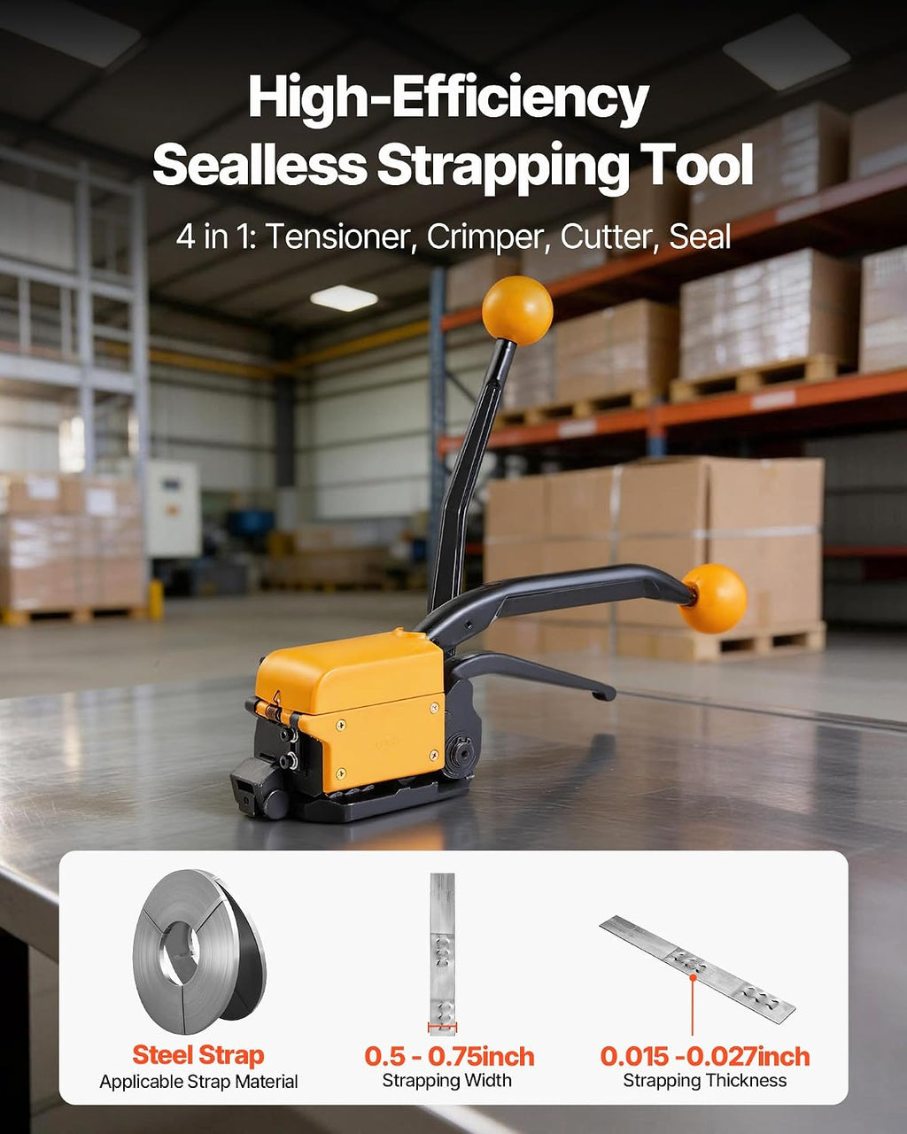 VEVOR Banding Strapping Kit, Heavy Duty A3 Steel Banding Sealer Tool with Adjustable Width, Manual Metal Pallet Packaging Strapping Kit for Warehouse, Transportation, Industrial Bundling, Home Use