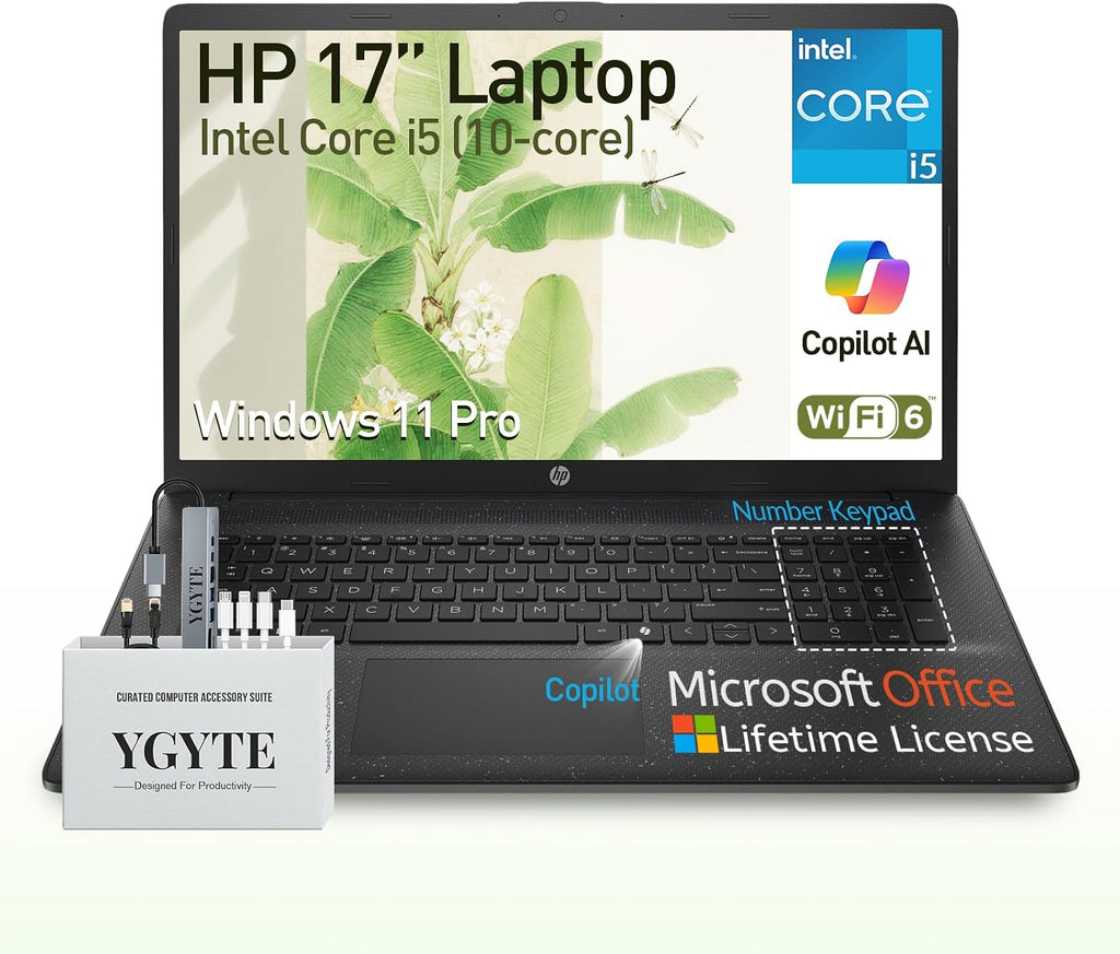 HP 17 Laptop Computer Notebook, 17.3' FHD IPS Large Screen Laptop PC, Intel 10-Core i5, Windows 11 Pro | Lifetime Office |10-Key Number Pad | 32GB RAM 1TB SSD
