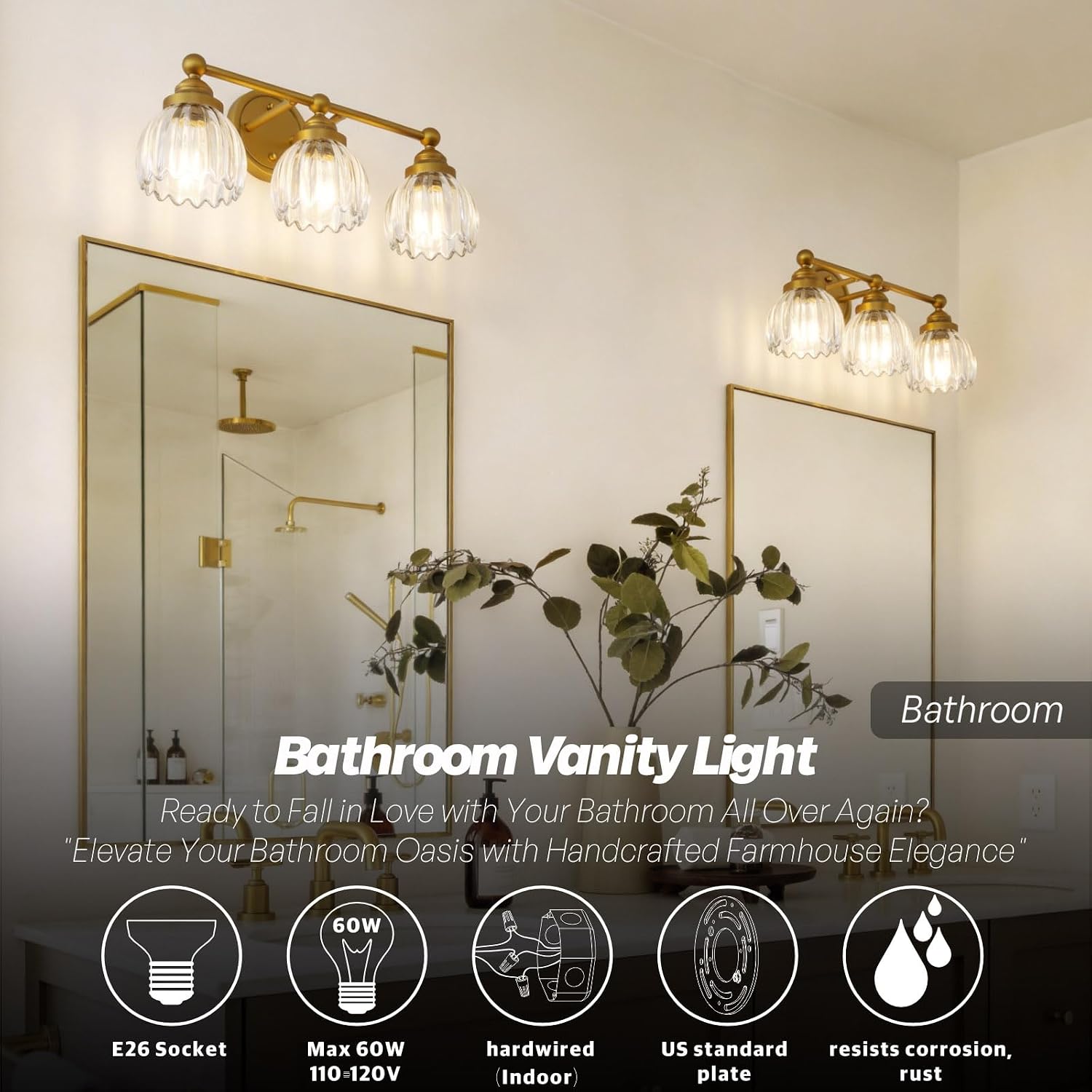 Vintage Triple Arm Tulip Glass Wall Sconce Lighting, 3-Lights Bathroom Vanity Light Fixture for Hallway Bedroom Living Room Bedside Nightstands Lights