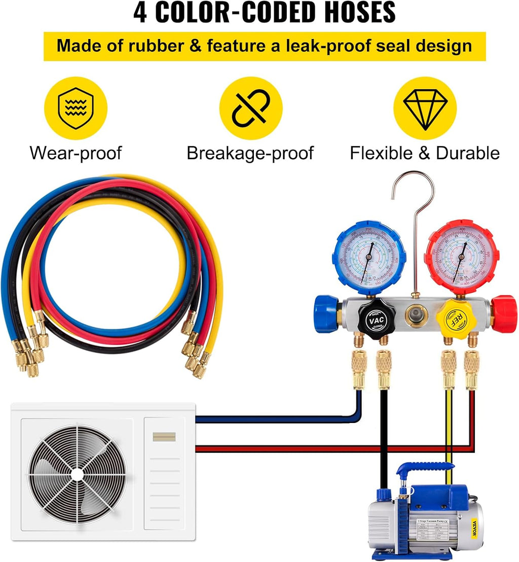 VEVOR Vacuum Pump 4.8CFM 1/4 HP Single Stage HVAC A/C Refrigeration Kit 5PA Ultimate Vacuum Manifold Gauge Set R12 R404A R410A R134A R22 HVAC AC, Manifold Gauge and Hose for Air Conditioning Systems