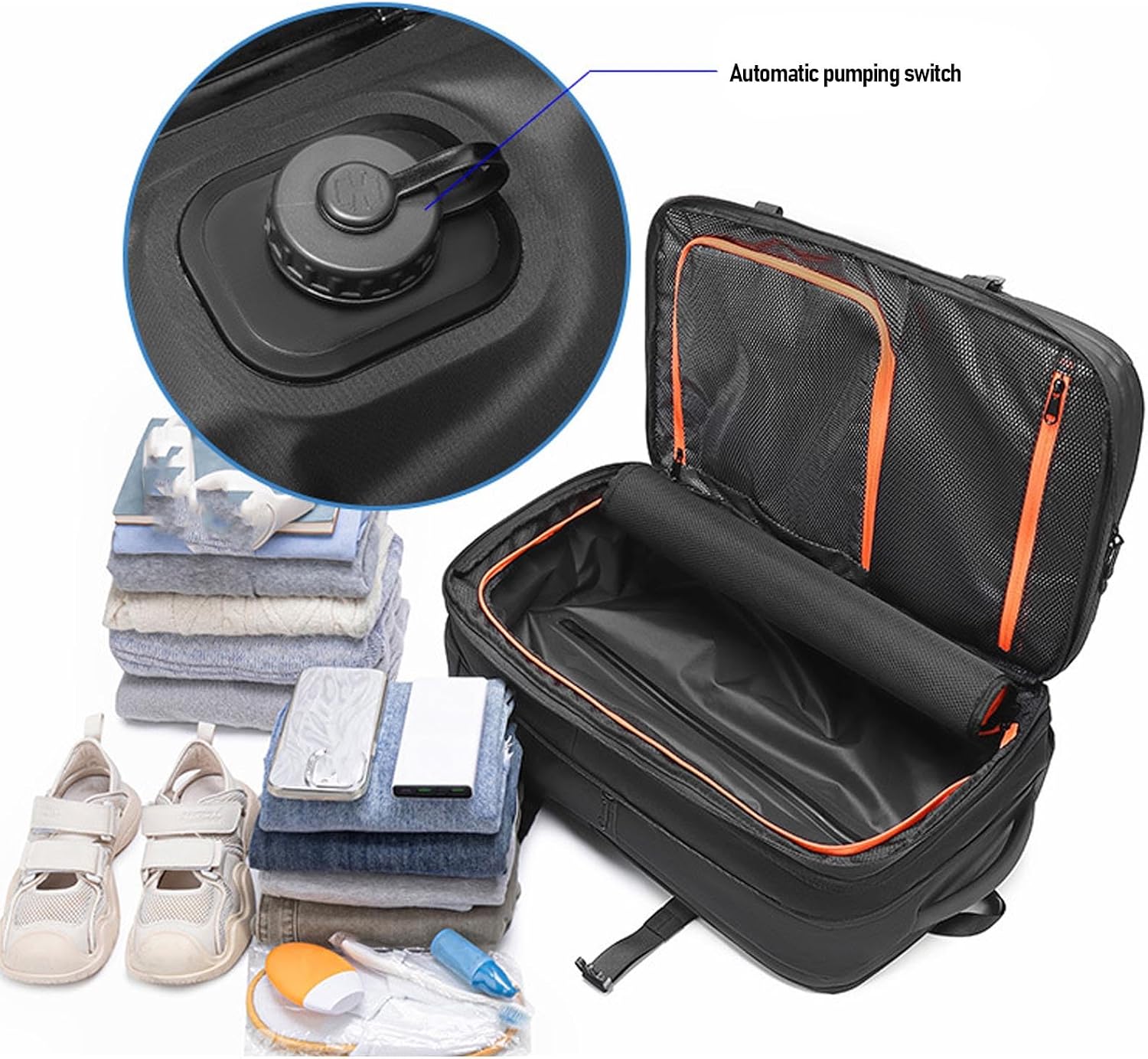 Vacuum Laptop Storage Backpack, Air Pump Vacuum Seal Compression Space Saver Bags, 40L Capacity, Extra Large Travel Backpacks, for Men & Women (Black).