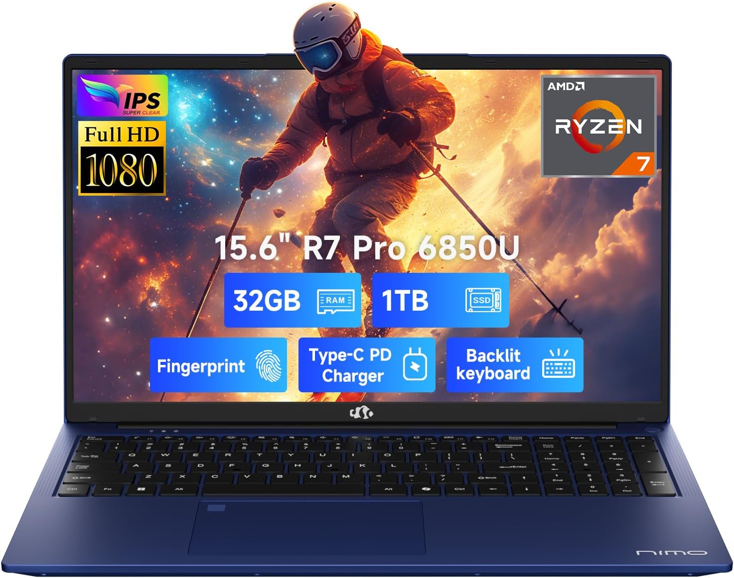 NIMO 15.6' IPS FHD-Business-Laptop, 8 Cores AMD Ryzen 7 Pro 6850U 32GB RAM 1TB SSD (Beat i7-1360P Up to 4.7GHz) Radeon 680M 100W Fast PD Backlit Keyboard for Content Creators & Student 2-Yr Warranty