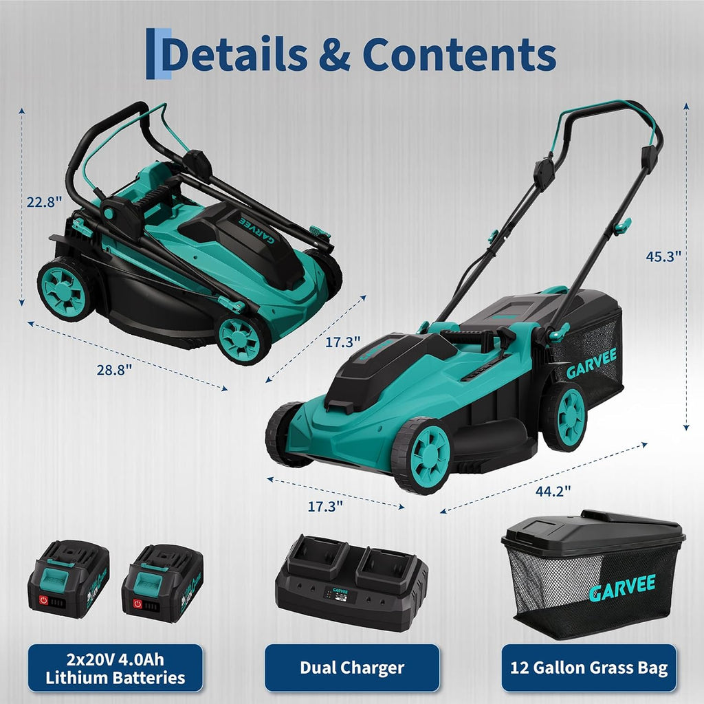 Garvee 17 Inch Electric Lawn Mower, Battery Powered Cordless Lawnmower, 2-in-1 Brushless Walk-Behind Push Mowers