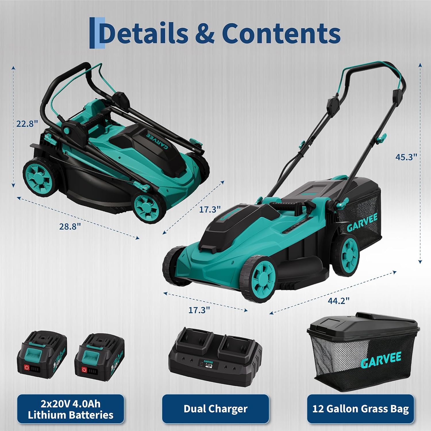 Garvee 17 Inch Electric Lawn Mower, Battery Powered Cordless Lawnmower, 2-in-1 Brushless Walk-Behind Push Mowers