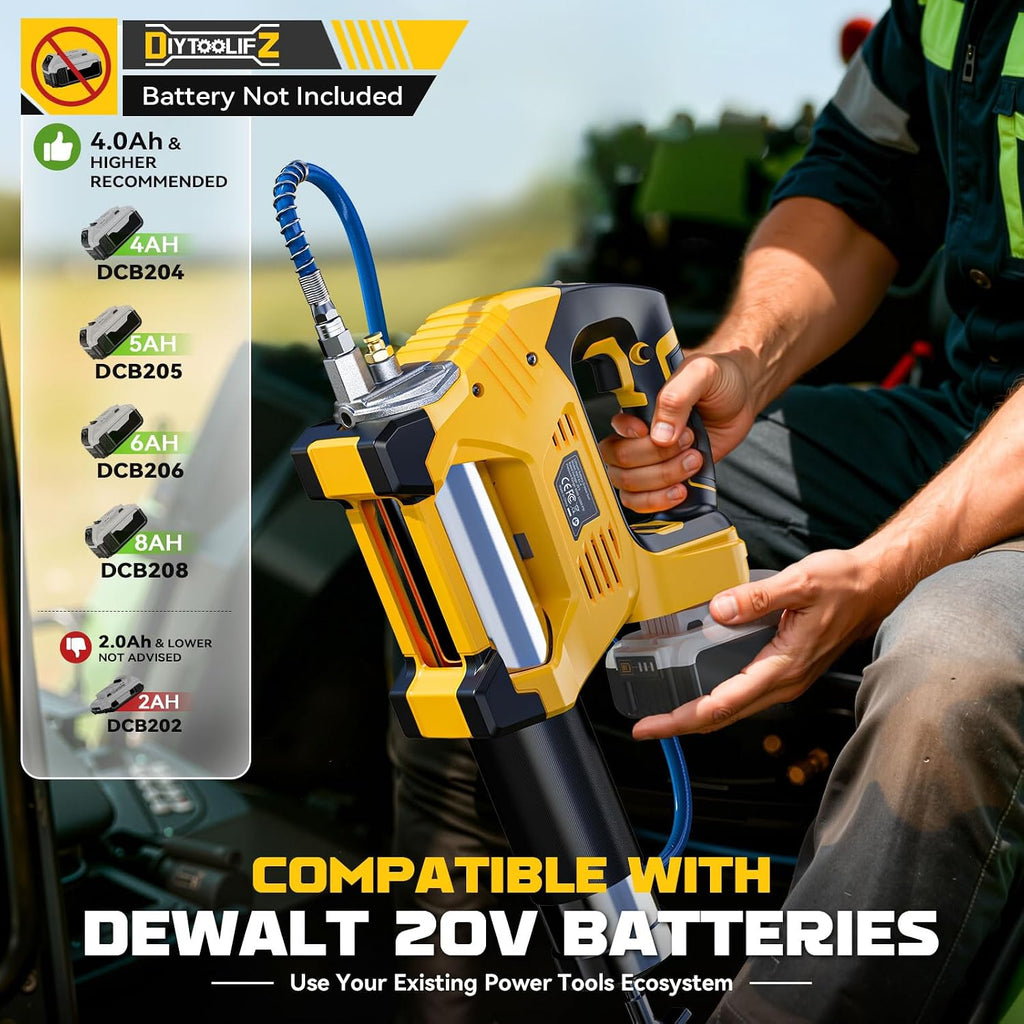 DIYtoolifz Cordless Grease Gun Compatible with DeWalt 20V Battery, 12000PSI High Pressure, 3-Speed&Brushless Motor, 9oz/min Max Flow, 2-in-1 for Cartridge/Bulk Grease, 39.4'Hose&4 Couplers(Tool Only)