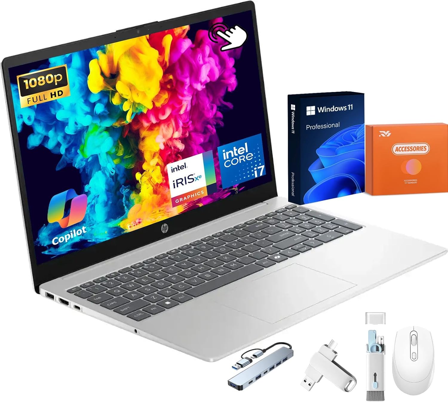 HP 2025 Touchscreen Business Laptop, 15.6' FHD LED, Intel 13th Gen i7-1355U, Intel Iris Xe Graphics, 64 GB DDR4, 2 TB SSD, Lightweight & Portable, Copilot AI, Wi-Fi 6, Windows 11 Pro, w/Accessories