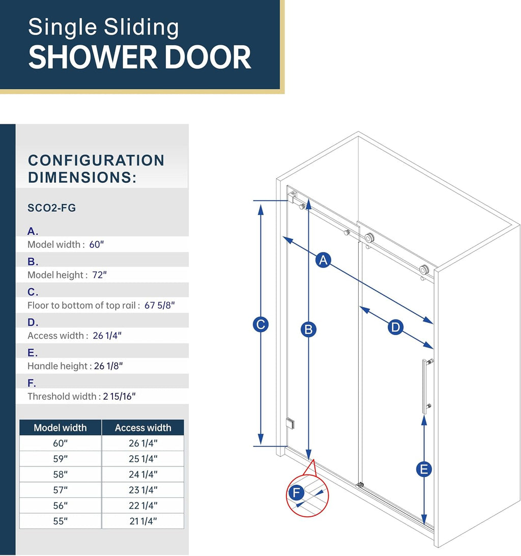 Frosted Black Sliding Shower Door 55-60' W x 72' H, Single Sliding Door, Frameless, 1/4'(6mm) Tempered Glass, Reversible Installation
