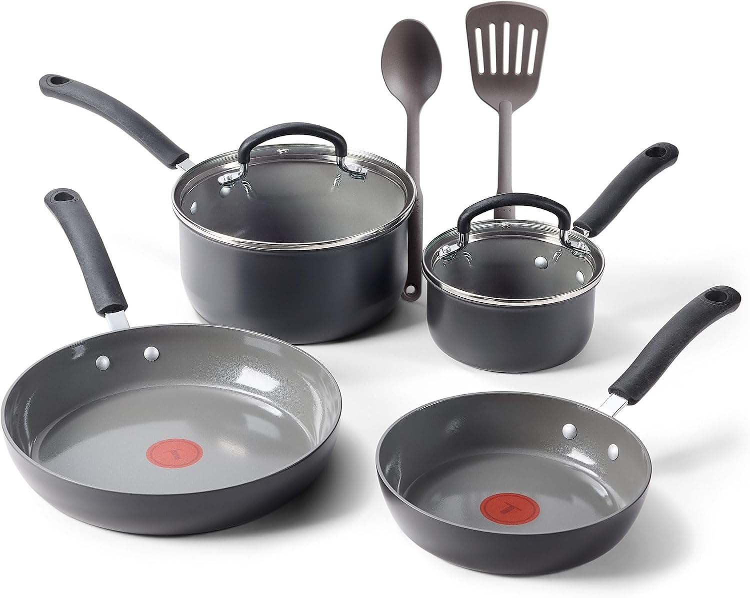 T-Fal Ultimate Hard Anodized Ceramic Nonstick 8 Piece Cookware Set, Oven Safe Up to 400°F, Dishwasher Safe, Pots and Pans Set, Includes Frying Pans, Saucepan, Cooking Utensils, Stone