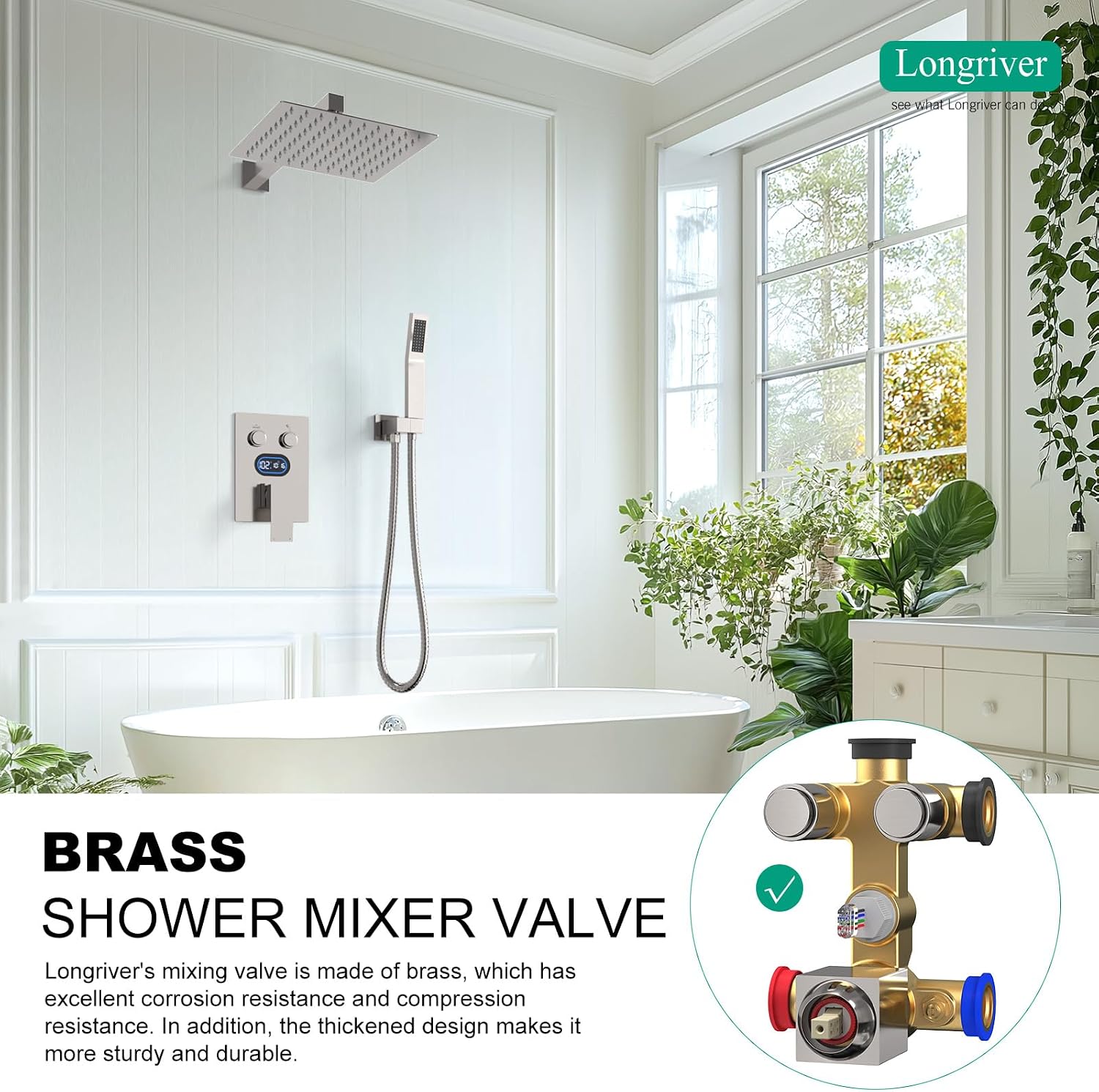 Push Button Diverter Shower Faucet Set Hydro Power Temperature Display, Shower System 10 Inch Shower Head with Handheld Spray, Wall Mounted Shower Fixtures with Valve and Trim Kit, Brushed Nickel