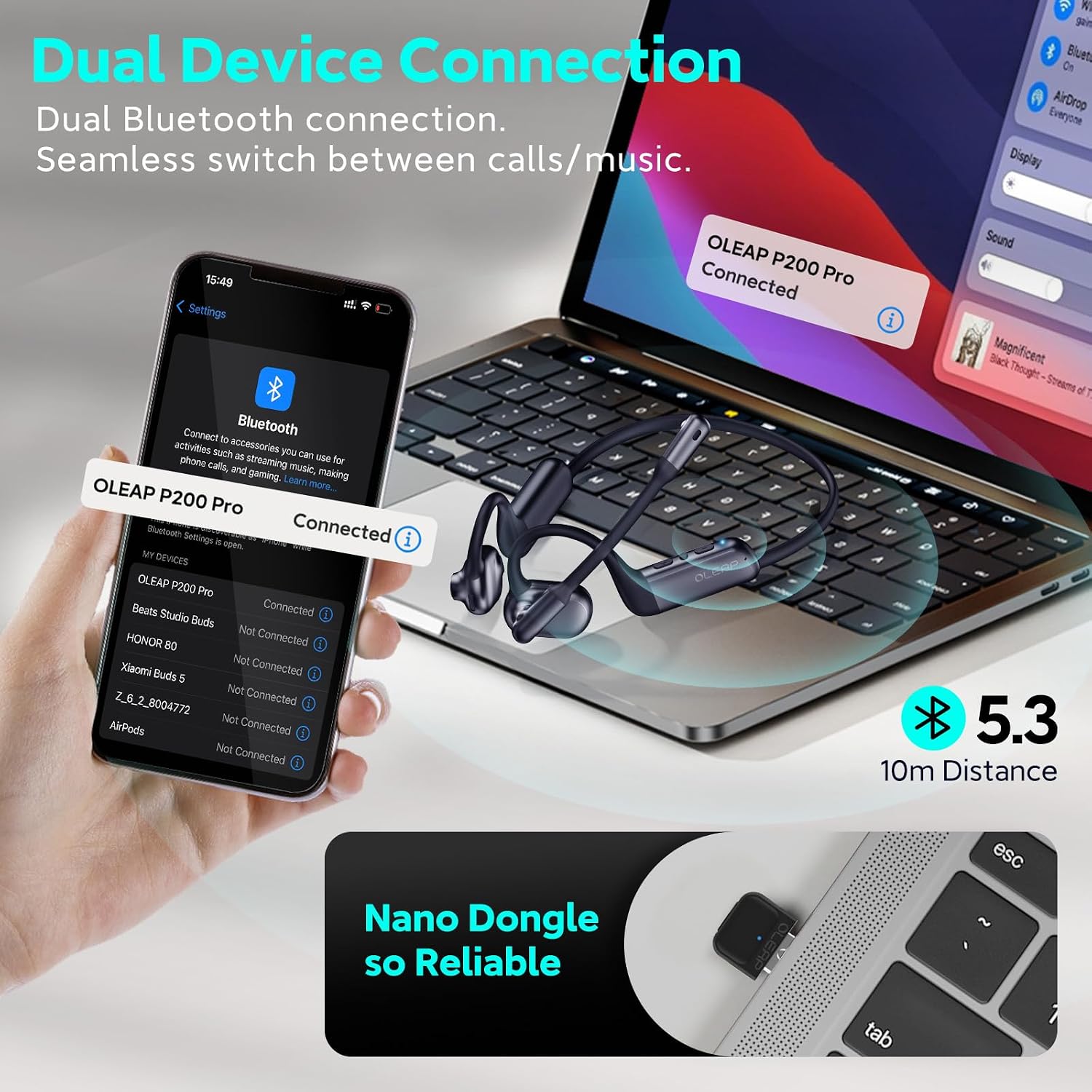 P200b Pro Bluetooth Wireless Open Ear Headphones, 50dB ENC Call Noise Canceling Computer Headset with Boom Microphone, Mute Button, Dongle for Work and Calls
