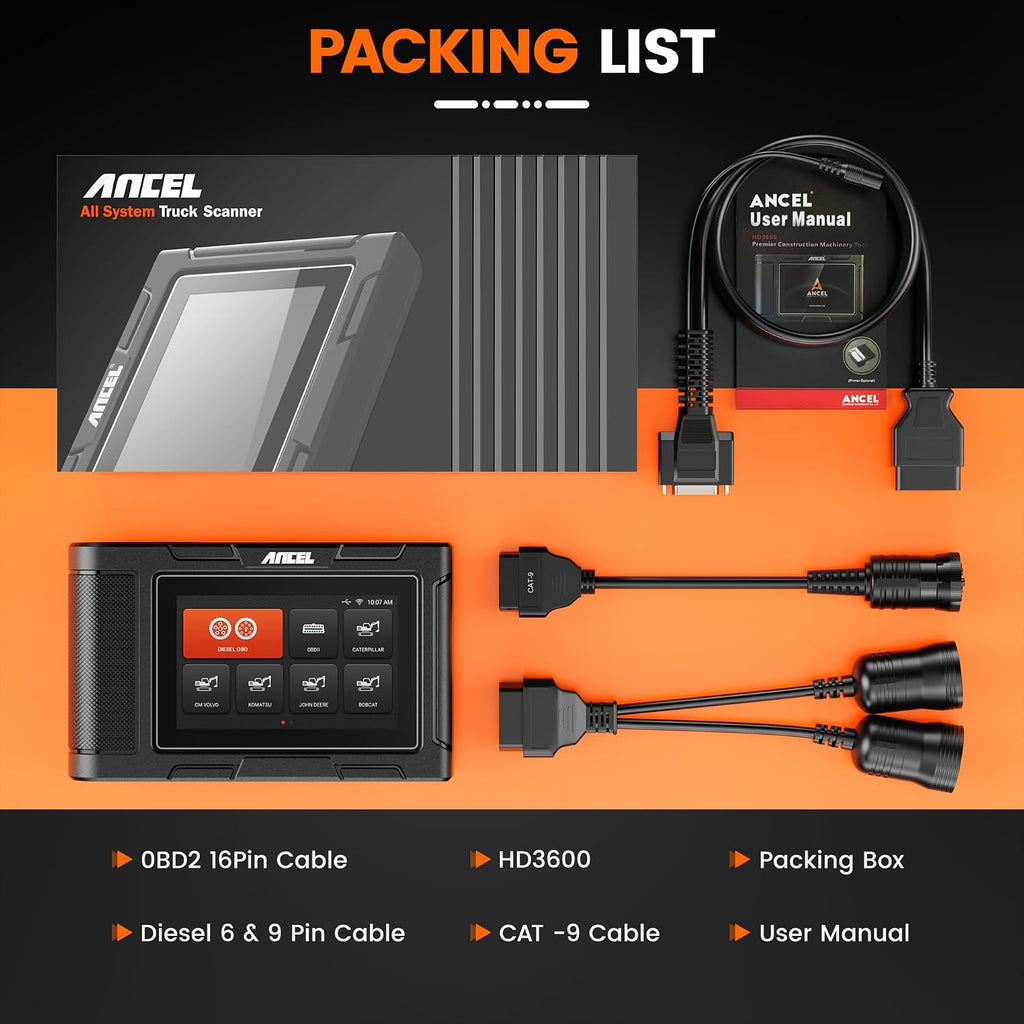 ANCEL HD3600 Heavy Equipment Diagnostic Tool with D-P-F Regen, Full System Heavy Duty Truck Scanner Machinery Scanner Diesel Code Reader Fit for Cummins, Caterpillar, John Deere, Komatsu, Yanmar&Case