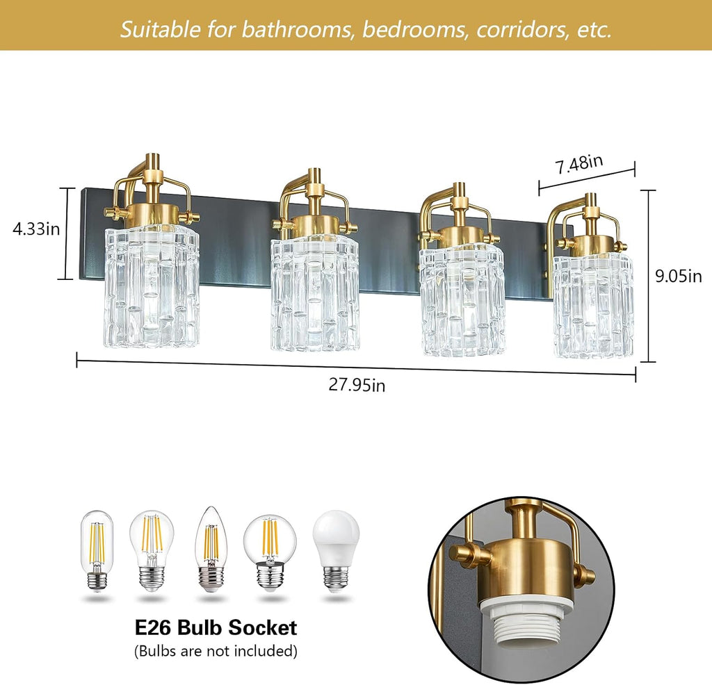 4 Light Crystal Glass Vanity Light, Black Gold Bathroom Lighting Fixtures Over Mirror Modern Bath Wall Sconce Lighting for Bedroom Living Room