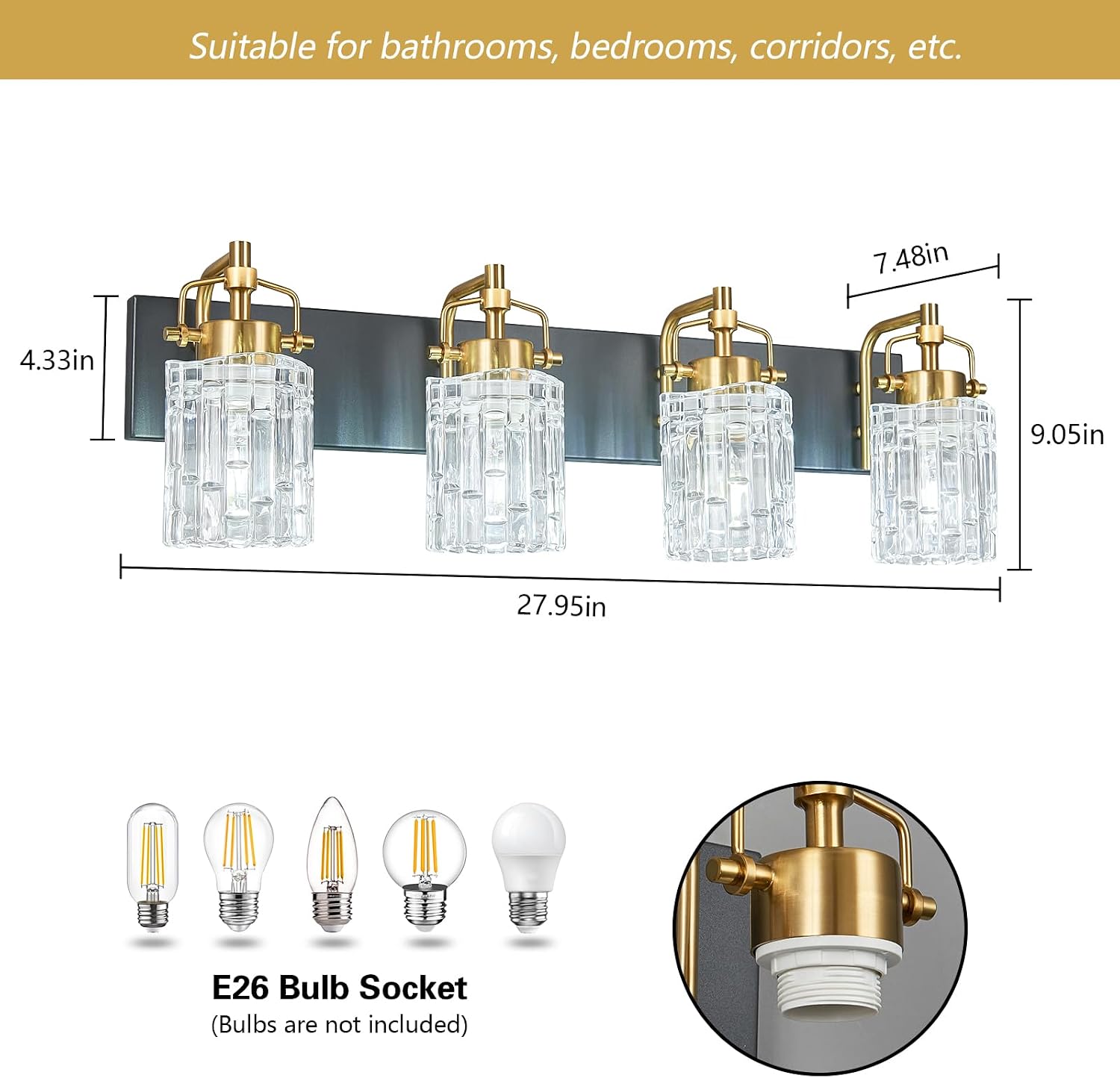 4 Light Crystal Glass Vanity Light, Black Gold Bathroom Lighting Fixtures Over Mirror Modern Bath Wall Sconce Lighting for Bedroom Living Room