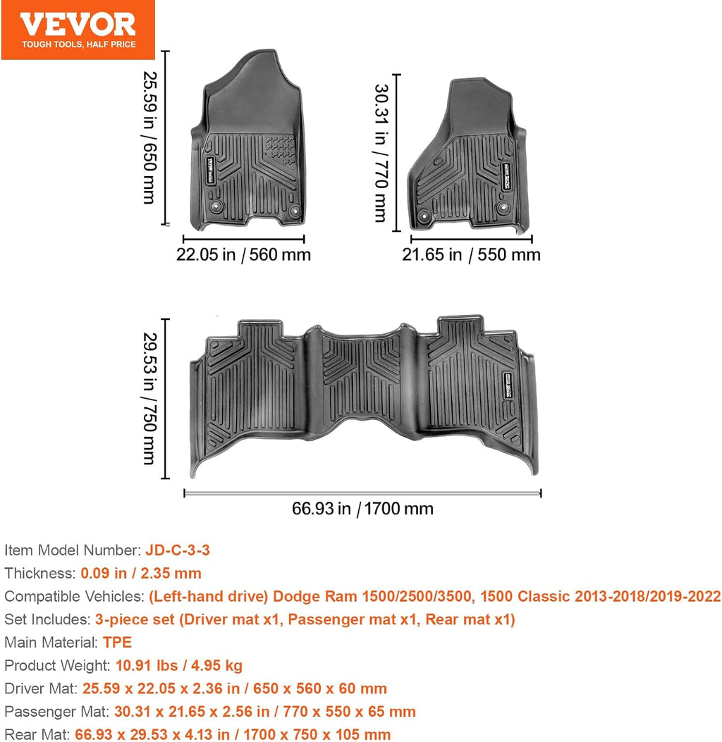 VEVOR Automotive Floor Mats, Fits for Dodge Ram 1500/2500/3500, Crew cab only 1500 Classic 2013-2018/2019-2022, 3 pcs Front, 2nd Row Liners, All Weather Custom Fit TPE Vehicle Mats for Trucks, Black