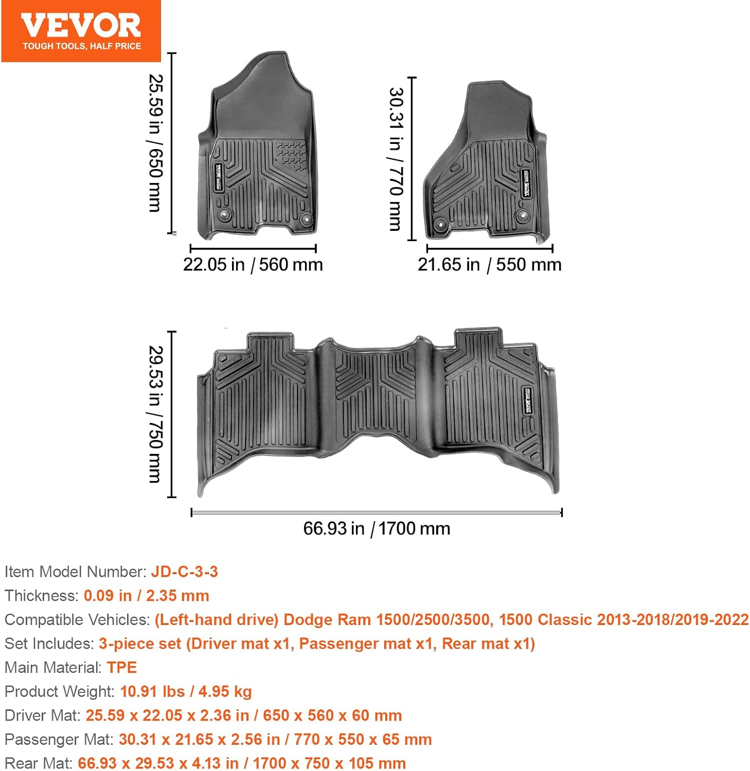VEVOR Automotive Floor Mats, Fits for Dodge Ram 1500/2500/3500, Crew cab only 1500 Classic 2013-2018/2019-2022, 3 pcs Front, 2nd Row Liners, All Weather Custom Fit TPE Vehicle Mats for Trucks, Black