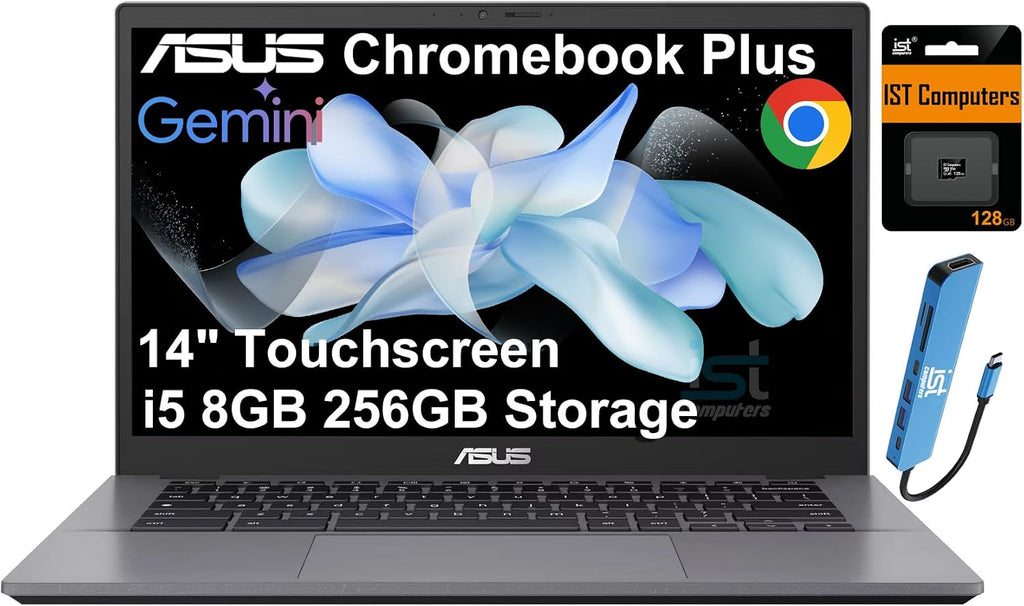 ASUS Chromebook Plus CX34 Laptop (14' FHD Touchscreen, Intel Core i5-1335U, 8GB RAM, 256GB Storage (128GB+128GB SD)) Enterprise Business, Student, 1080p Webcam, Google AI, IST HUB, Wi-Fi 6E, Chrome OS