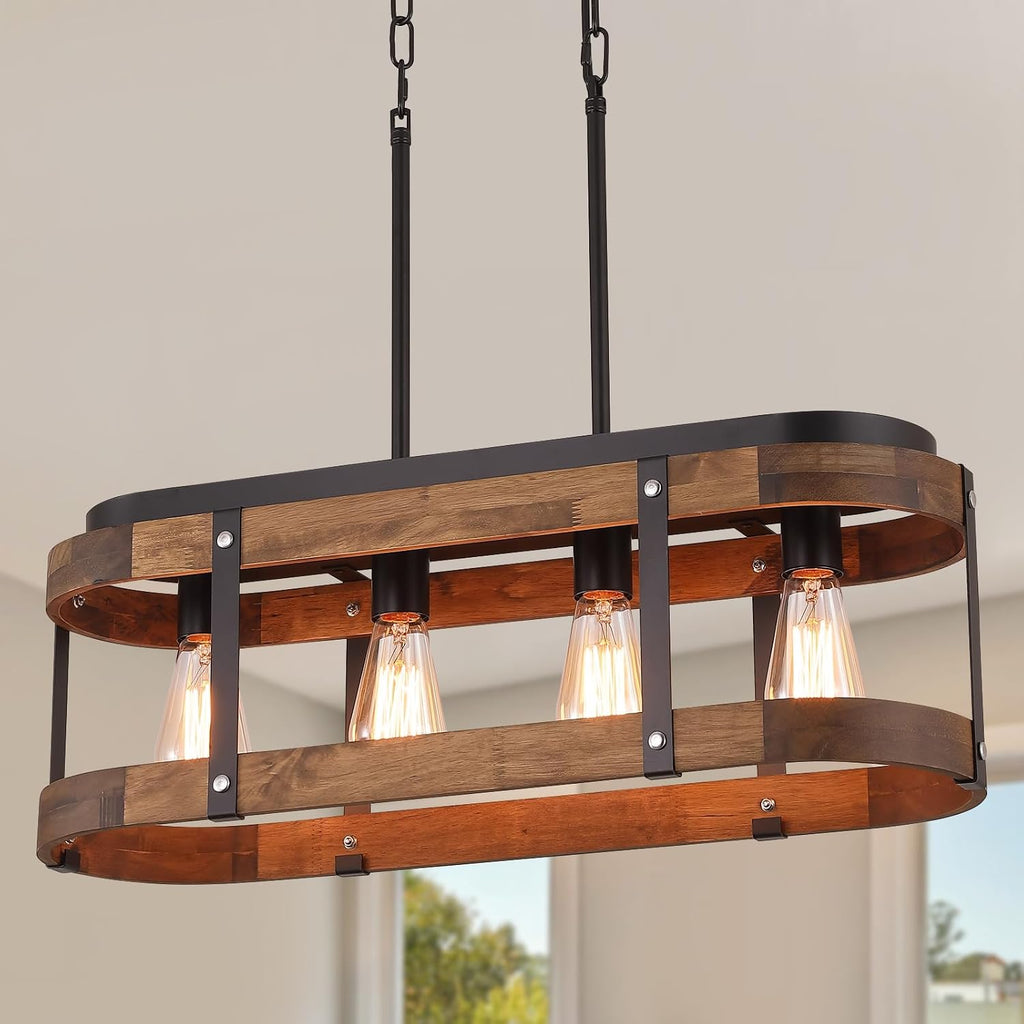 Rustic Farmhouse Wood Kitchen Island Lighting, 4 Lights Rectangular Pendant Light Fixture, Adjustable Rods Oak Wood and Metal Linear Chandelier for Kitchen Island Farmhouse Dining Room, Black