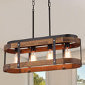 Rustic Farmhouse Wood Kitchen Island Lighting, 4 Lights Rectangular Pendant Light Fixture, Adjustable Rods Oak Wood and Metal Linear Chandelier for Kitchen Island Farmhouse Dining Room, Black
