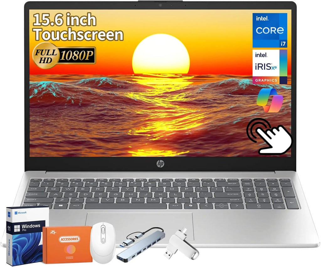 HP 15.6' Touchscreen Business Laptop 2025 New, 15.6inch Anti-Glare FHD, Intel i7-1355U(Up to 5.0GHz), Intel Iris Xe GPU, 32GB RAM, 2TB SSD, Fast Charge, HD Audio & Camera, Windows 11 Pro, Accessories