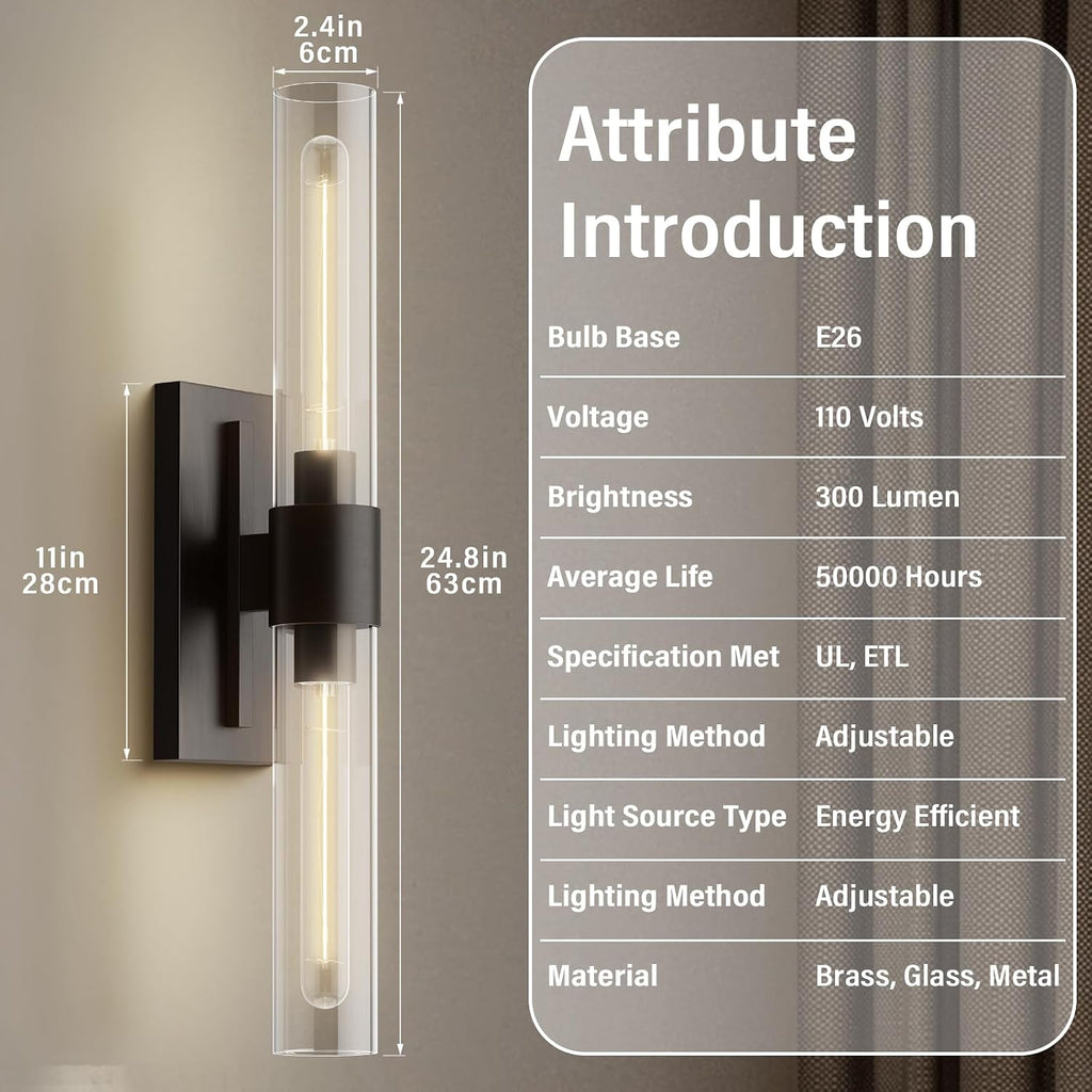 Brass Wall Sconces Set of 2, Bathroom Sconces Wall Lighting, Black Sconces Wall Lighting with Clear Glass Wall Lamp,Wall Mount Lamps Wall Lights for Vanity Light Bedroom Living Room Hallway