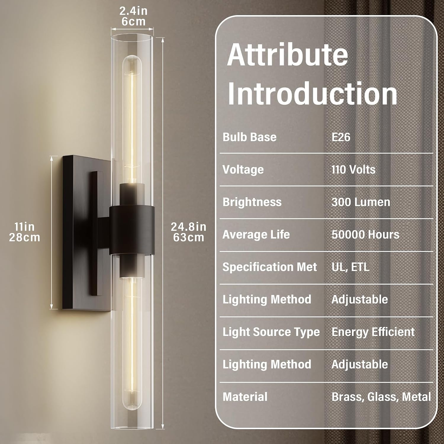 Brass Wall Sconces Set of 2, Bathroom Sconces Wall Lighting, Black Sconces Wall Lighting with Clear Glass Wall Lamp,Wall Mount Lamps Wall Lights for Vanity Light Bedroom Living Room Hallway