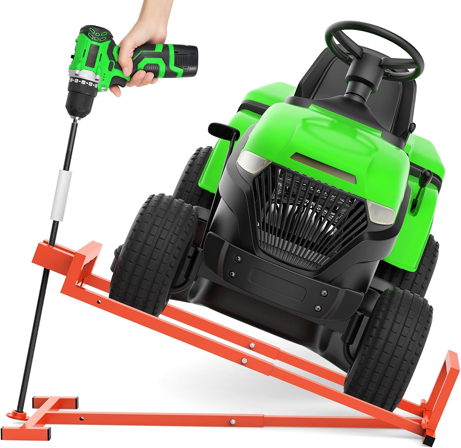 1400LB Lawn Tractor Lift Jack & Riding Mower Lift with Rotating Sleeve & Manual and Power Tool Handle, 3-Min Quick Setup, Anti-Slip Base, Heavy-Duty Universal Design for Lawn Mowers (Alloy Steel)