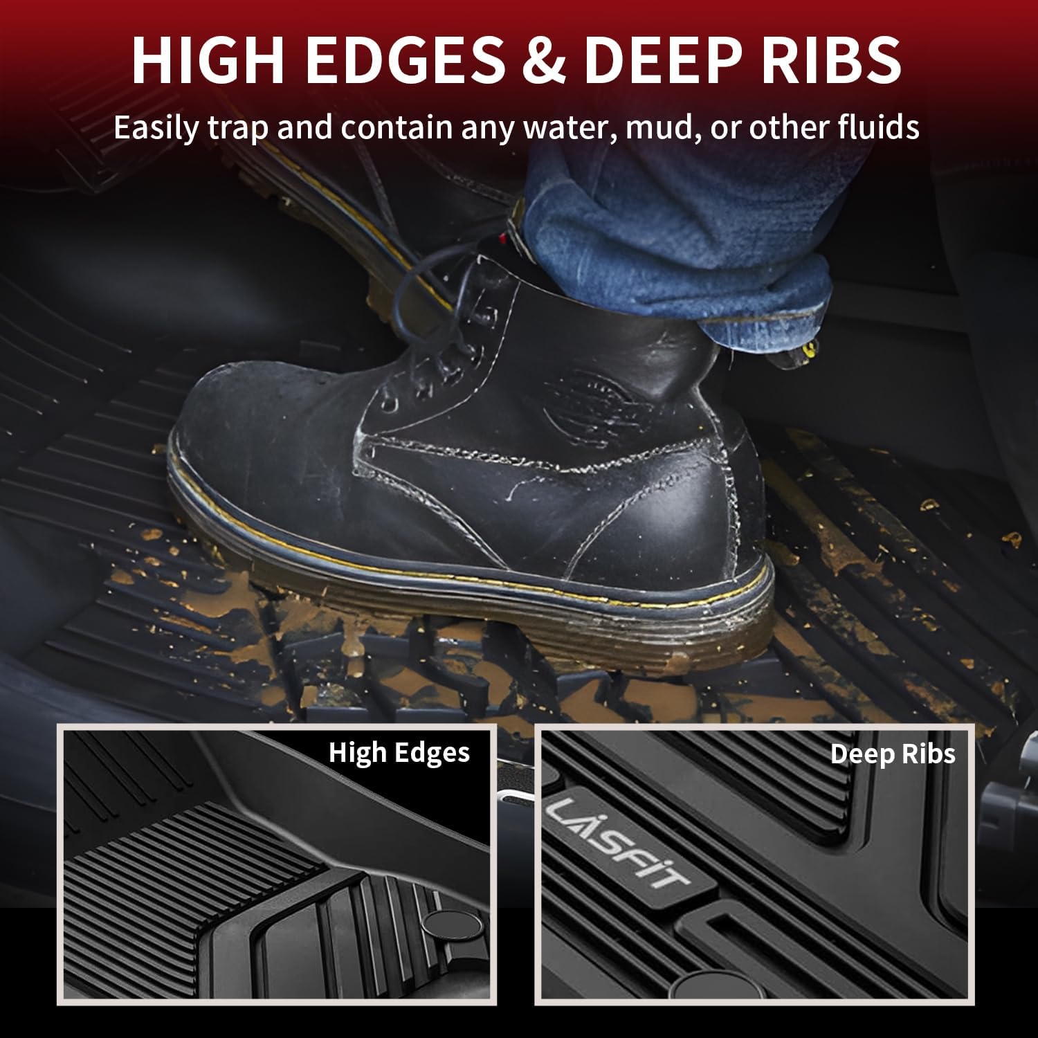 LASFIT Floor Mats for Ram 1500 Crew Cab 2019-2024 Without Rear Under-Seat Factory Storage 4 Full Size Doors Bucket Seat (NOT for Classic Model), All Weather TPE Custom Fit 1st & 2nd Row, Black
