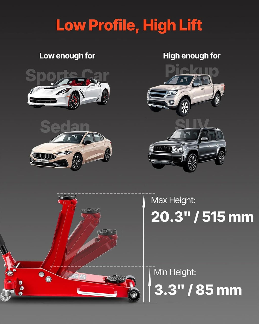 VEVOR Low Profile Floor Jack 3 Ton Aluminum and Steel Racing Floor Jack with Dual Pistons Quick Lift Pump, Hydraulic Trolley Car Lift for Sports Car, SUV, Pickup, Lifting Range 3.3'-20.3'