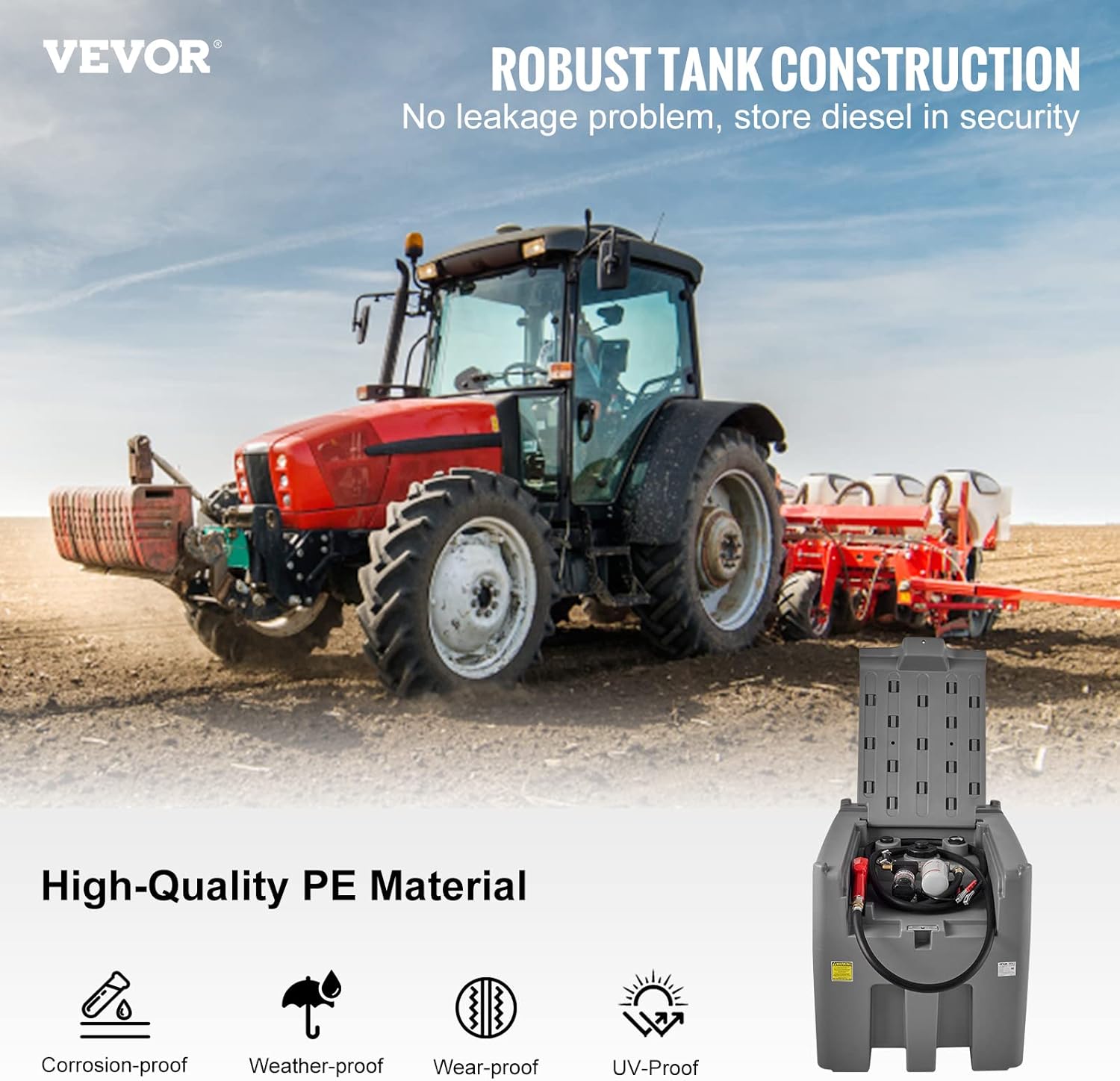 VEVOR Portable Diesel Tank, 116 Gallon Capacity & 10 GPM Flow Rate, Diesel Fuel with 12V Electric Transfer Pump and 13.1ft Rubber Hose, PE Transfer Tank for Easy Fuel Transportation, Gray