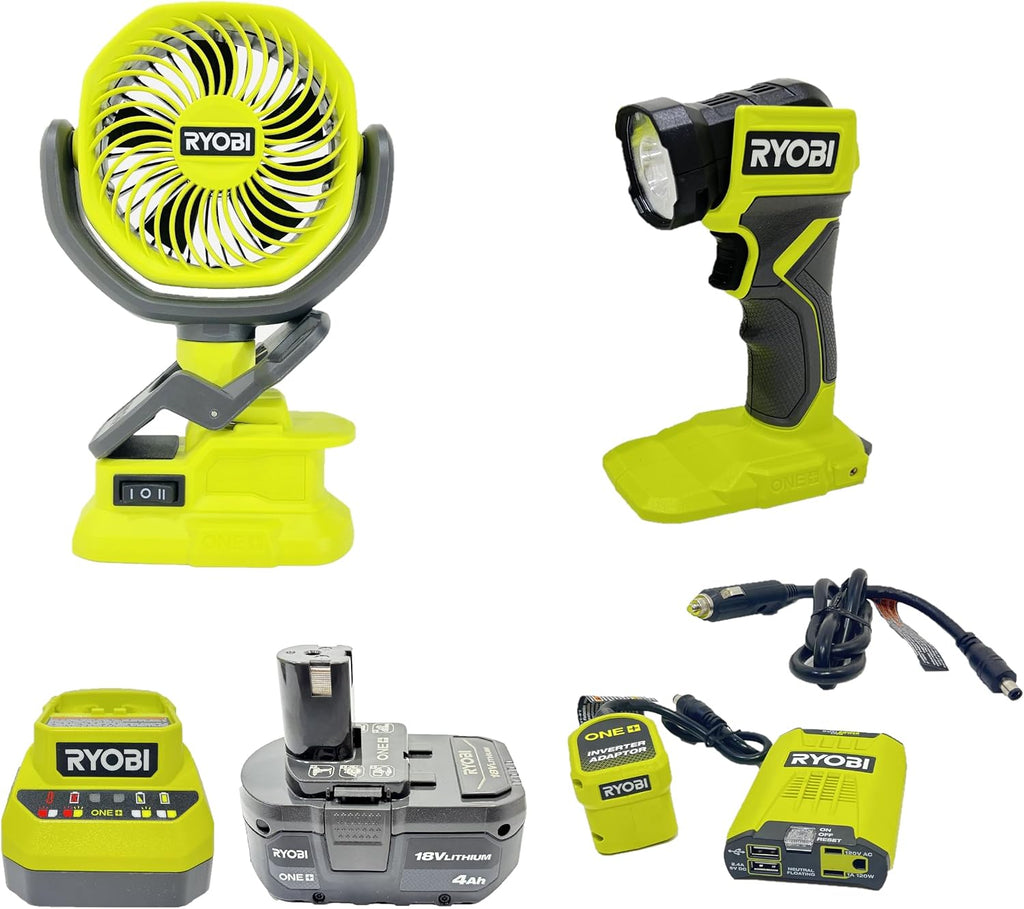 Ryobi 18-Volt Camping Kit - with Clamp Fan, Flashlight, Inverter, (1) 4Ah Battery and Charger (Bulk Packaged), Green | Ryobi Camping Kit
