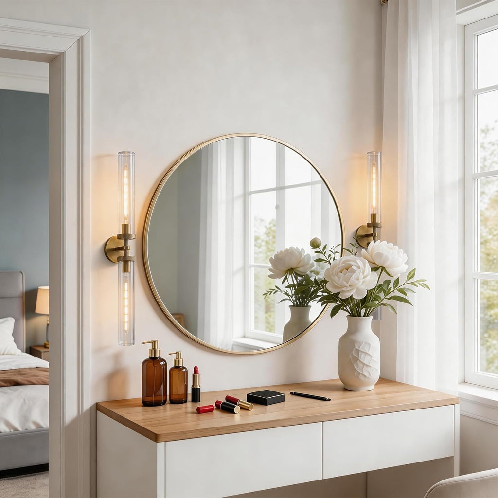 Bathroom Sconces Set of Two, 30 inch Wall Sconce Knurled Bathroom Wall Sconces with Tube Glass,Gold Sconces Wall Lighting Vanity Sconce for Bedroom,Living Room,Hallway, Staircase(E26 Bulb Include)
