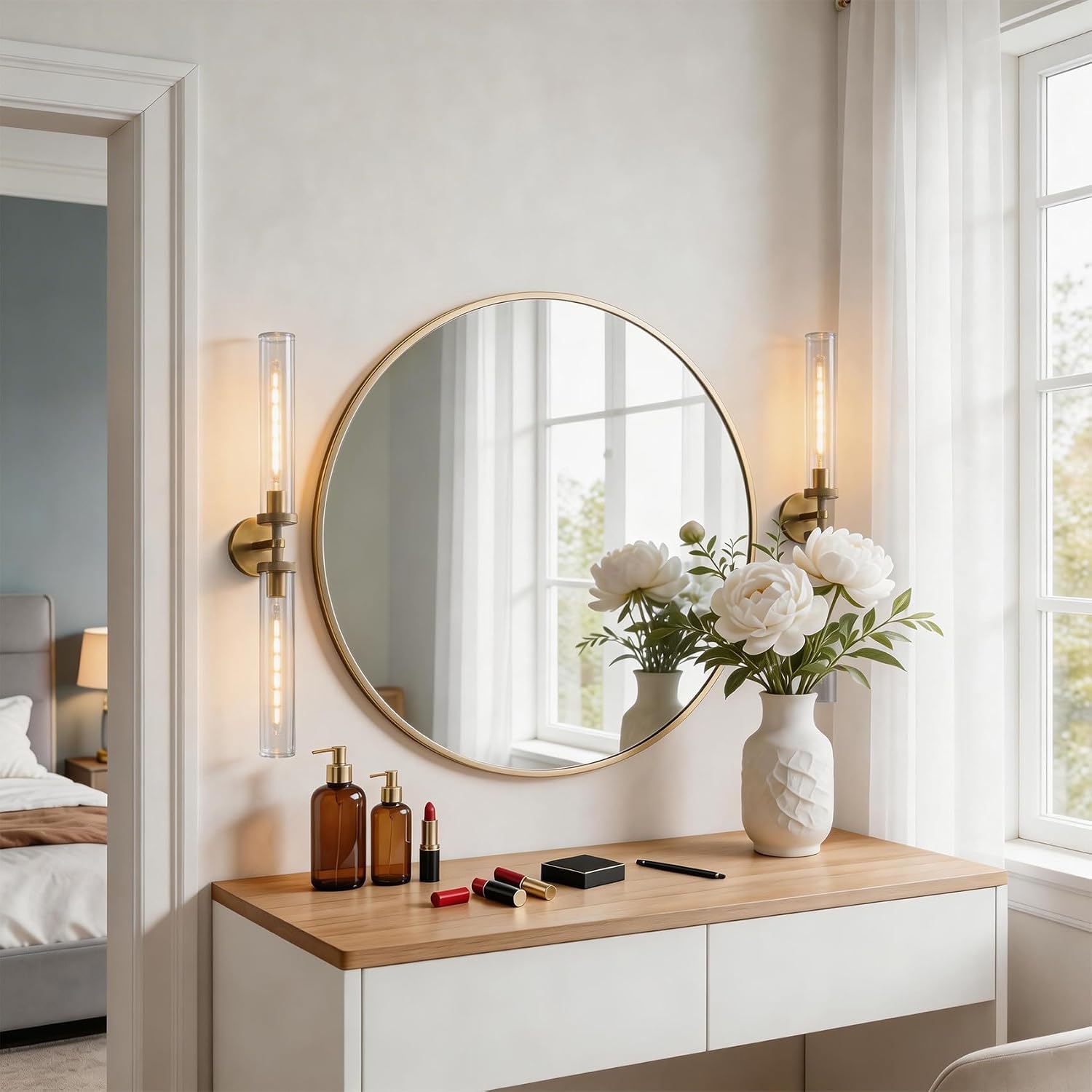 Bathroom Sconces Set of Two, 30 inch Wall Sconce Knurled Bathroom Wall Sconces with Tube Glass,Gold Sconces Wall Lighting Vanity Sconce for Bedroom,Living Room,Hallway, Staircase(E26 Bulb Include)