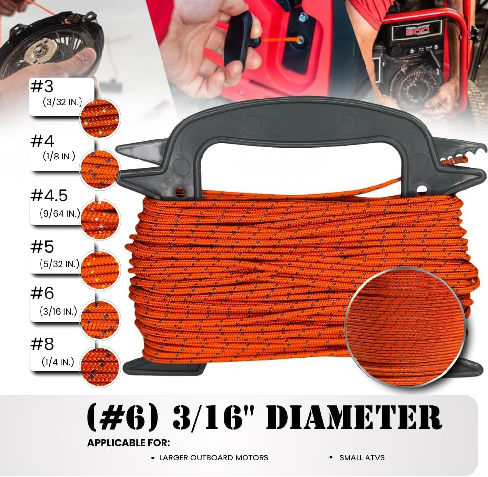 SGT KNOTS #6 Polyester Pull Cord - Small Engine Replacement Cord Rope for Lawn Mowers, Generators & More (3/16in. x 1000ft) Orange with Green Tracer