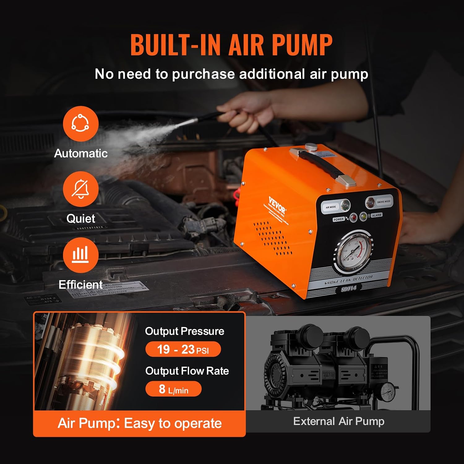 VEVOR Automotive Smoke Machine Leak Detector, EVAP Smoke Machine Leak Tester with Built-in Air Pump & Pressure Gauge, Dual-Mode Diagnostic Leak Detector for Vacuum, Fuel, Pipeline System Testing