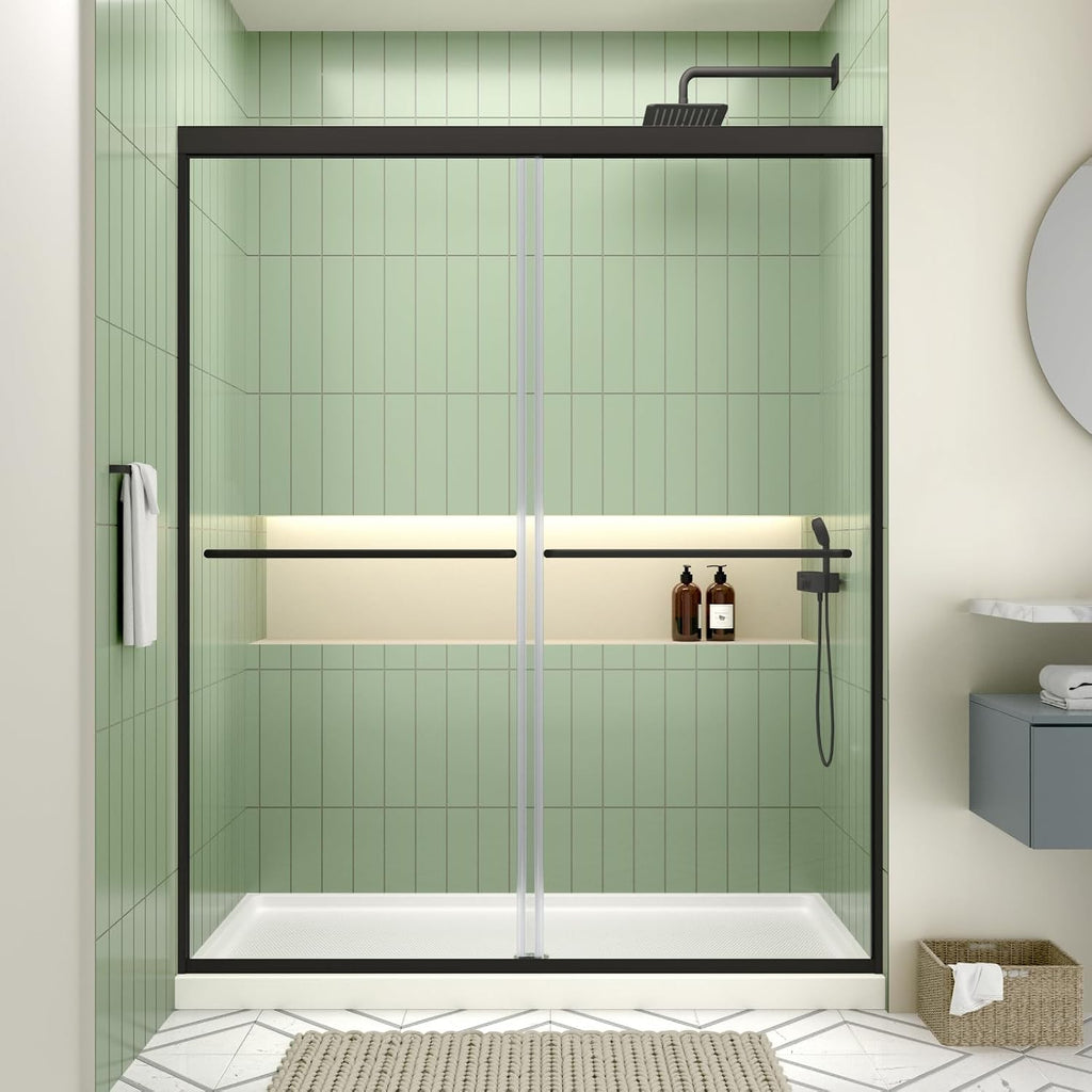 ACE DECOR 56-60' W x 70' H Semi-Frameless Shower Door, Double Sliding Shower Door with 1/4' (6mm) Clear SGCC Tempered Glass, Matte Black Finish Shower Doors, Reversible Installation