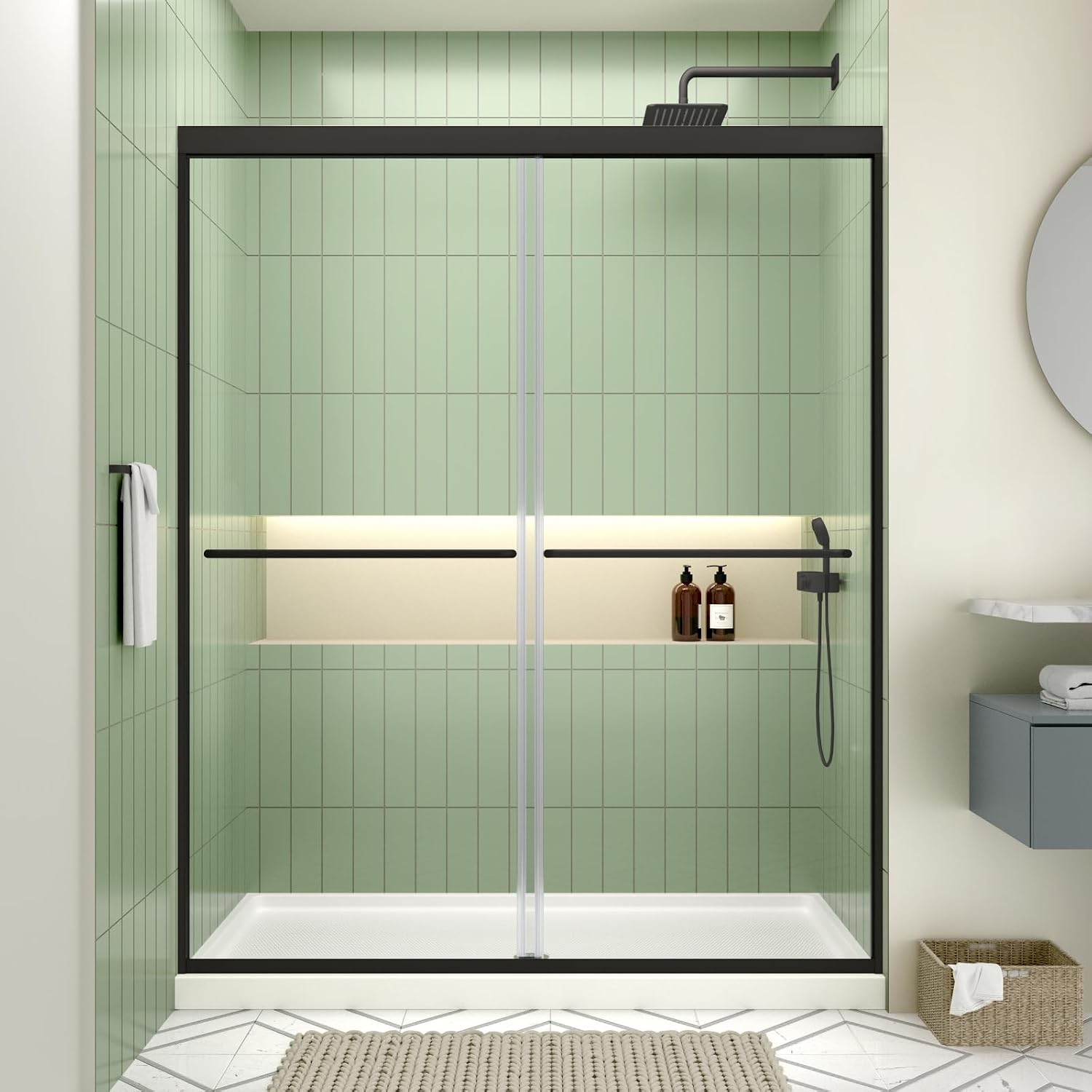ACE DECOR 56-60' W x 70' H Semi-Frameless Shower Door, Double Sliding Shower Door with 1/4' (6mm) Clear SGCC Tempered Glass, Matte Black Finish Shower Doors, Reversible Installation