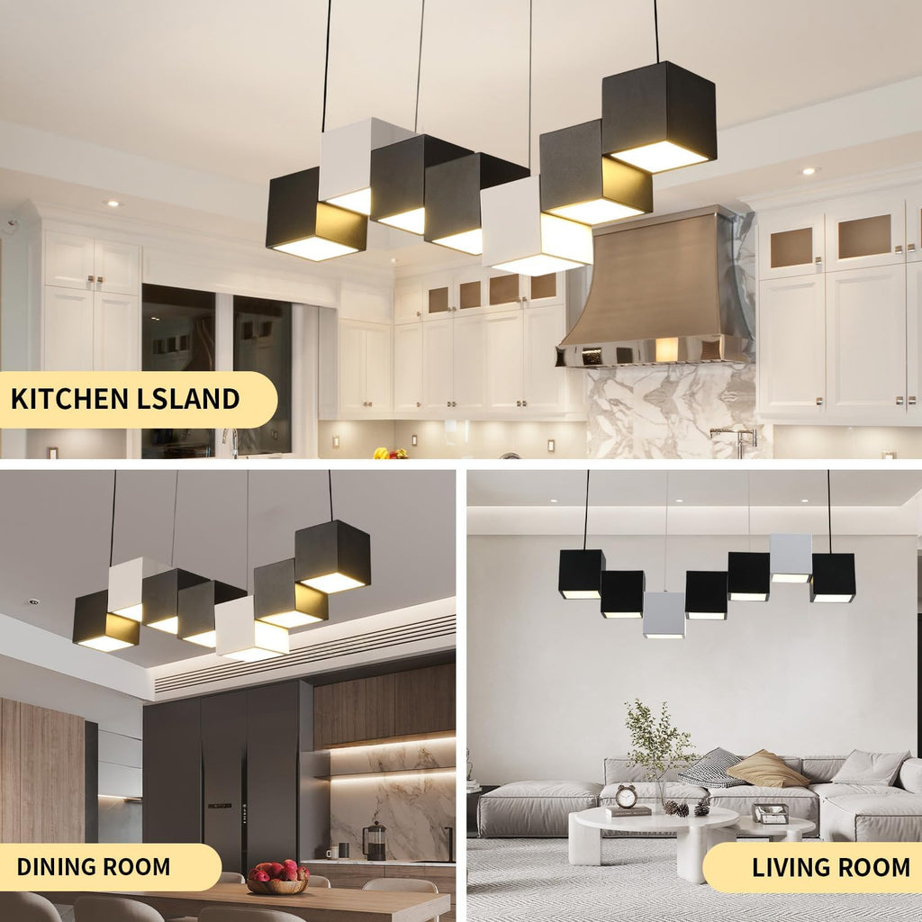 Morden Black and White Chandeliers for Dining Room Linear Chandelier Industrial Kitchen Island Lighting Square Ceiling Hanging Pendant Light for Living Room Bar CounterAbove Tea Room(7 Head)