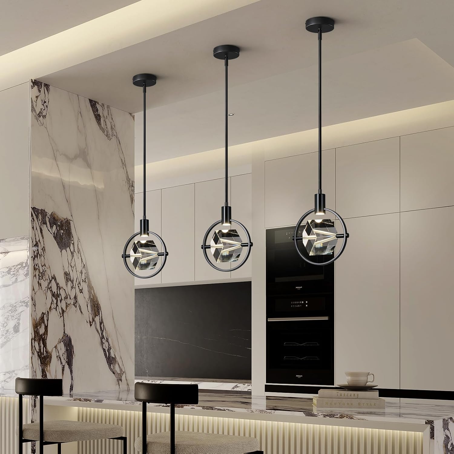 Modern Crystal Pendant Light in Black Mini Dimmable Integrated LED Light Fixtures Metal Rod Ceiling Black Chandelier for Kitchen Island Bedroom Dining Room Bar(1-Lights)