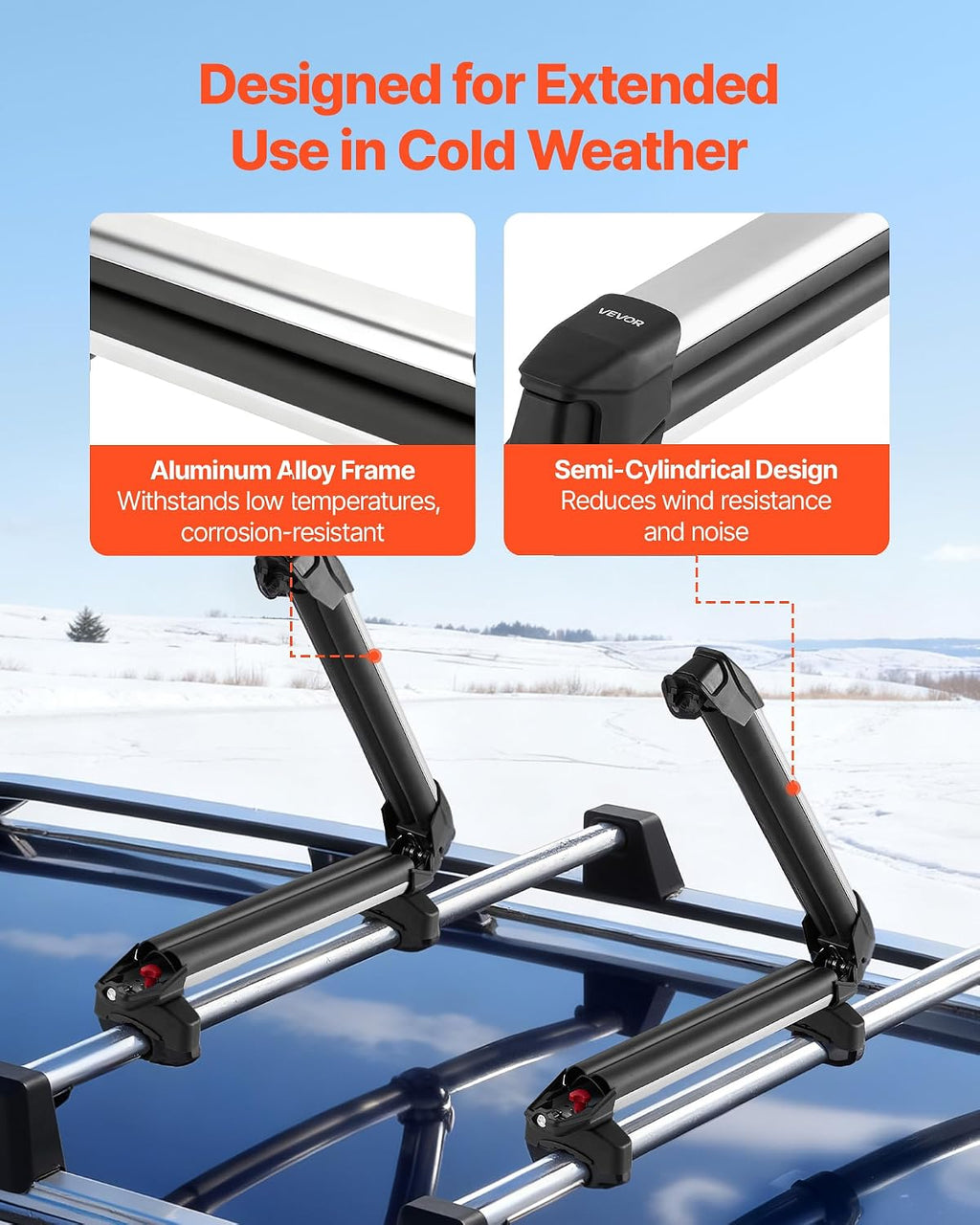 VEVOR Ski & Snowboard Roof Rack, Carry up to 4 Pairs of Skis or 2 Snowboards, 2 PCS Aluminum Universal Car Roof Rack Top Holder with Lock & Rubber Padding, Carrier for Fishing Rod, Fit Most Crossbars