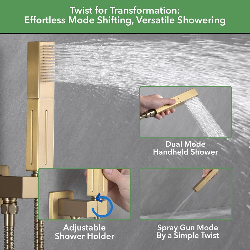 VANFOXLE Shower Faucet Set Brushed Gold Shower System, Push Button Diverter Shower Faucet with 2 in 1 Handheld, Wall Mount 10 Inch Shower Head Increased Thickness with 6 Inch Shower Head